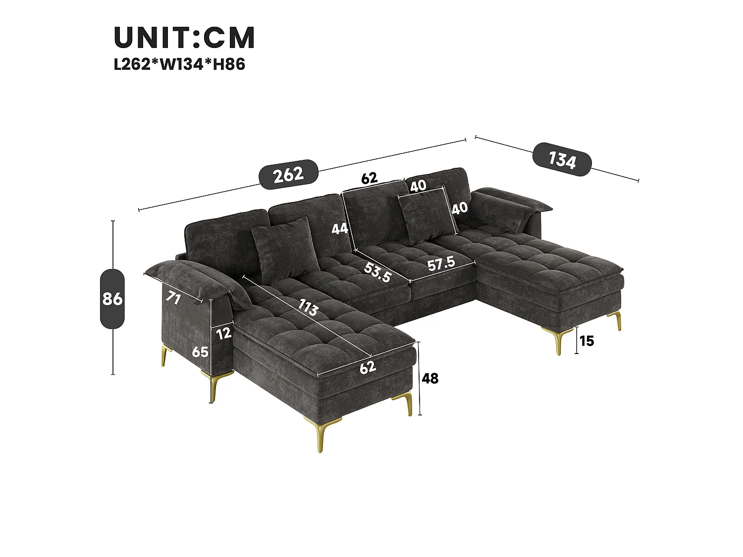 Modulares 6-Sitzer-Ecksofa (links/rechts) mit 2 Staufächern und zentraler Konsole mit USB-/Typ-C-Anschluss – Chenille – 316 x 140 x 84,5 cm – Grau