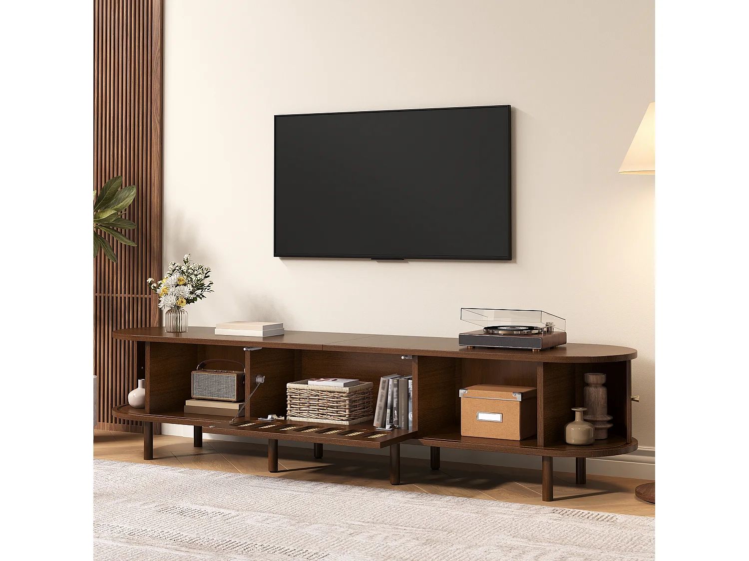 TV Stand 180x40x40 cm - Rattan Design - 2 Roll-Up Doors and 1 Drop-Down Door - MDF - Brown
