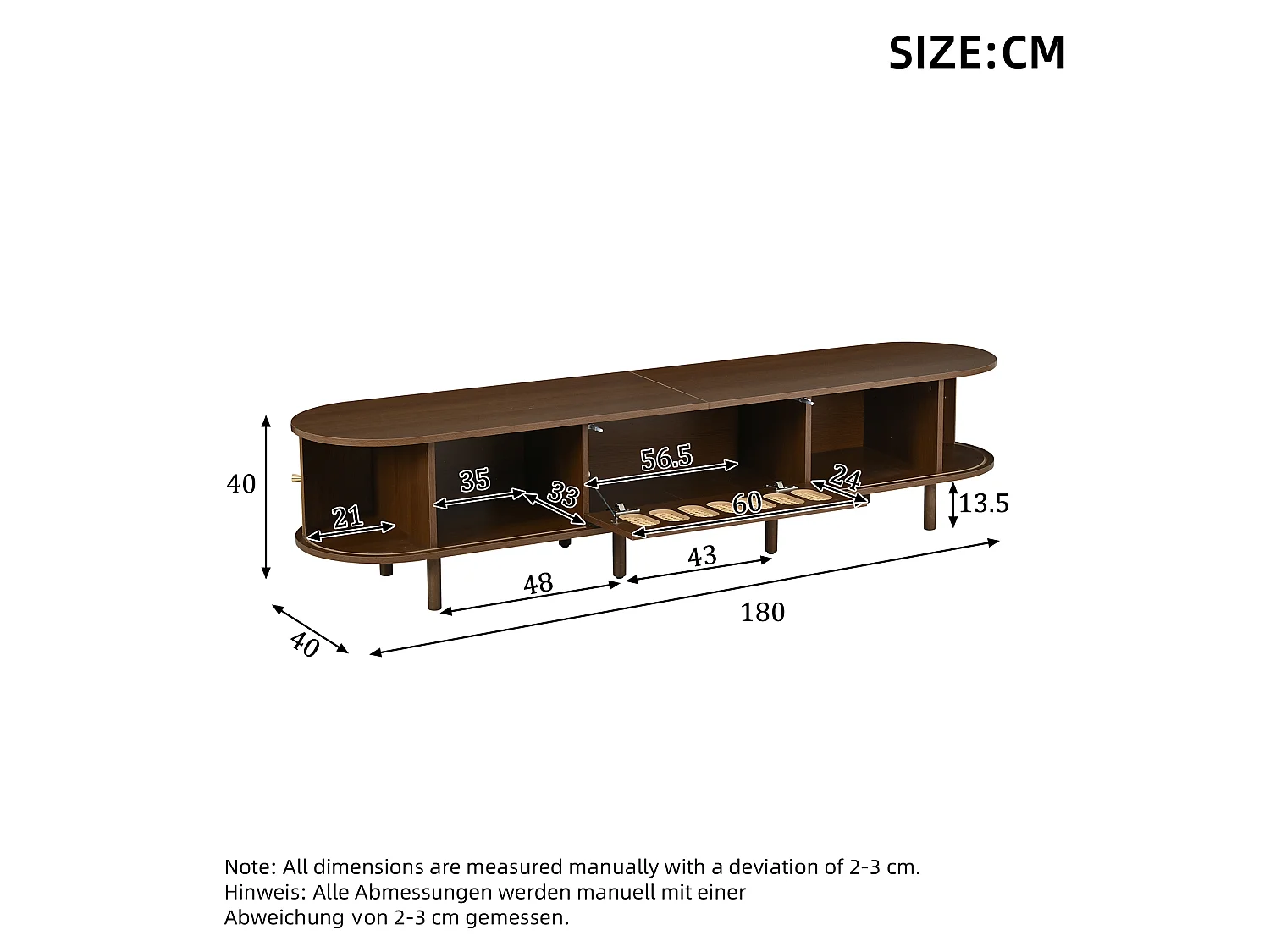TV Stand 180x40x40 cm - Rattan Design - 2 Roll-Up Doors and 1 Drop-Down Door - MDF - Brown