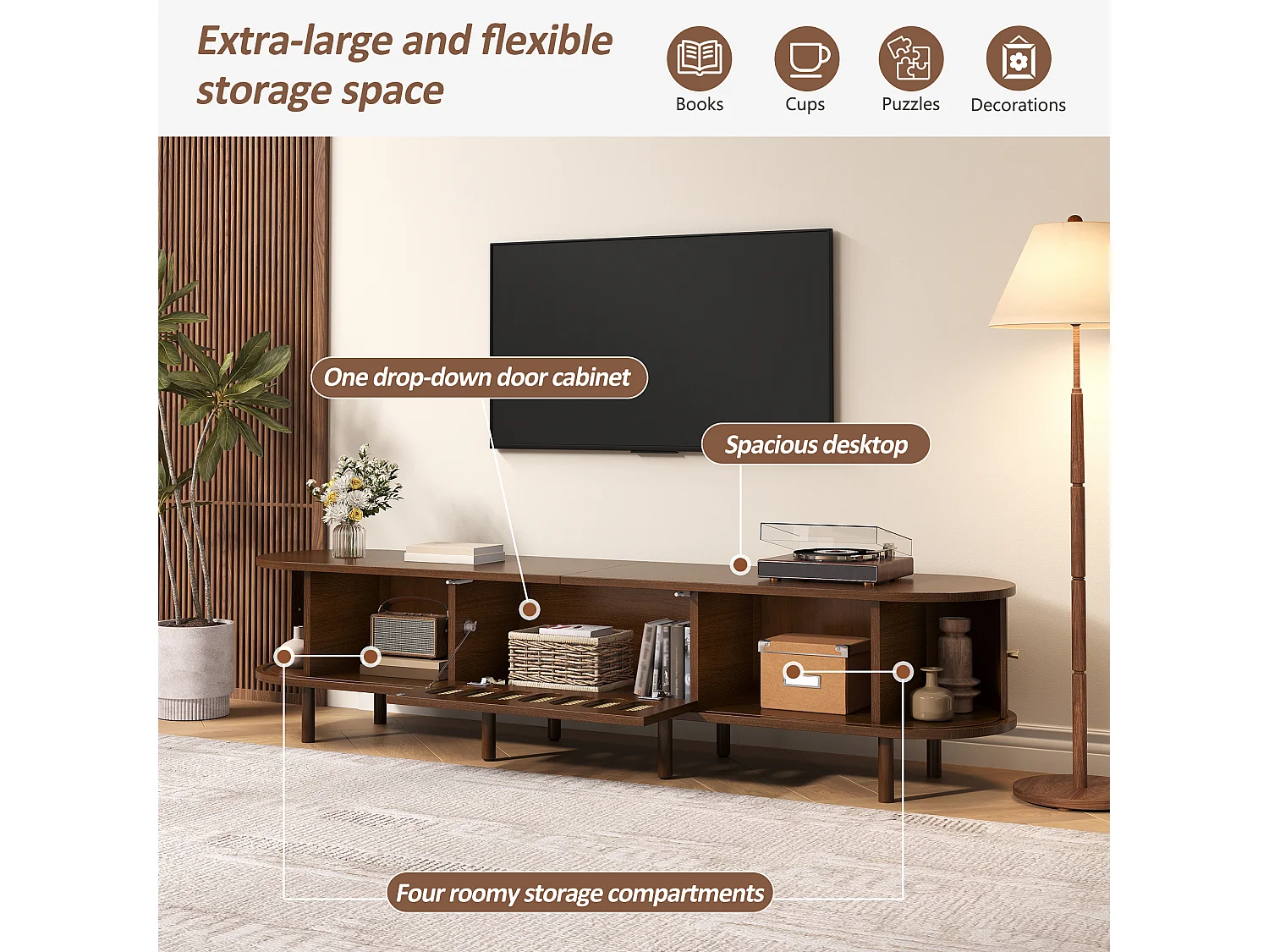 TV Stand 180x40x40 cm - Rattan Design - 2 Roll-Up Doors and 1 Drop-Down Door - MDF - Brown
