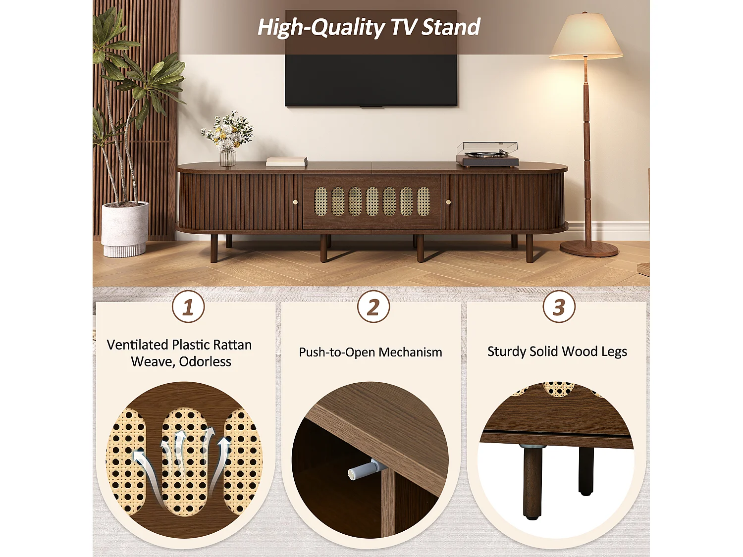 TV Stand 180x40x40 cm - Rattan Design - 2 Roll-Up Doors and 1 Drop-Down Door - MDF - Brown