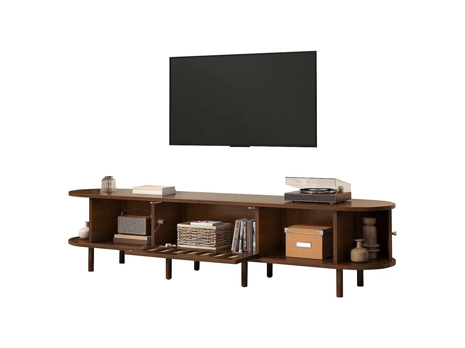 TV Stand 180x40x40 cm - Rattan Design - 2 Roll-Up Doors and 1 Drop-Down Door - MDF - Brown