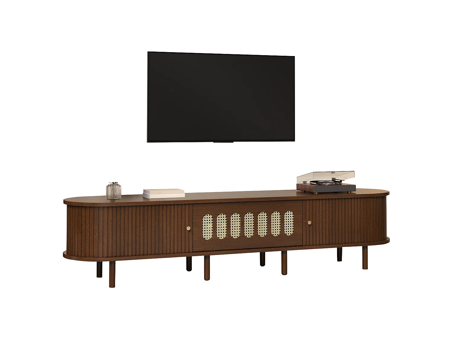 TV Stand 180x40x40 cm - Rattan Design - 2 Roll-Up Doors and 1 Drop-Down Door - MDF - Brown
