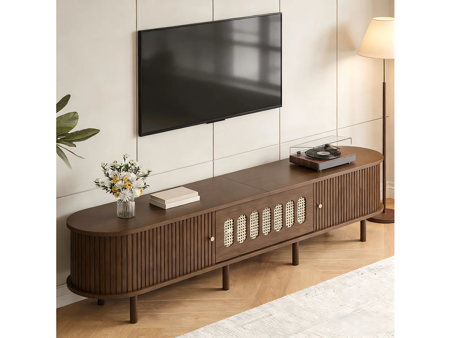 TV Stand 180x40x40 cm - Rattan Design - 2 Roll-Up Doors and 1 Drop-Down Door - MDF - Brown