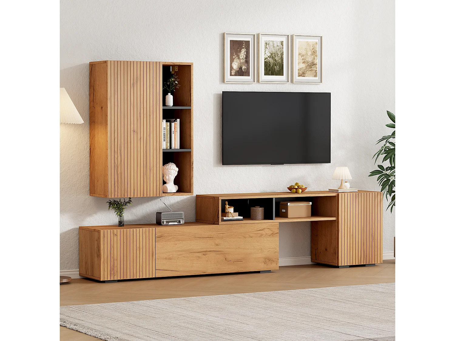 2-Piece TV Unit Set - Adjustable TV Stand + Wall Cabinet - 4 Doors - Open Shelves - Natural and Black