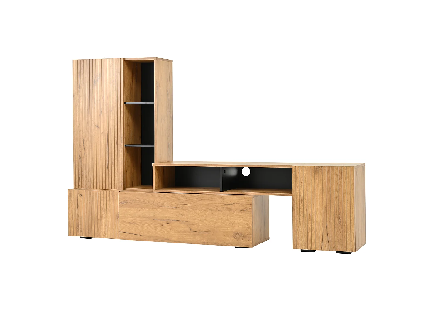 2-Piece TV Unit Set - Adjustable TV Stand + Wall Cabinet - 4 Doors - Open Shelves - Natural and Black