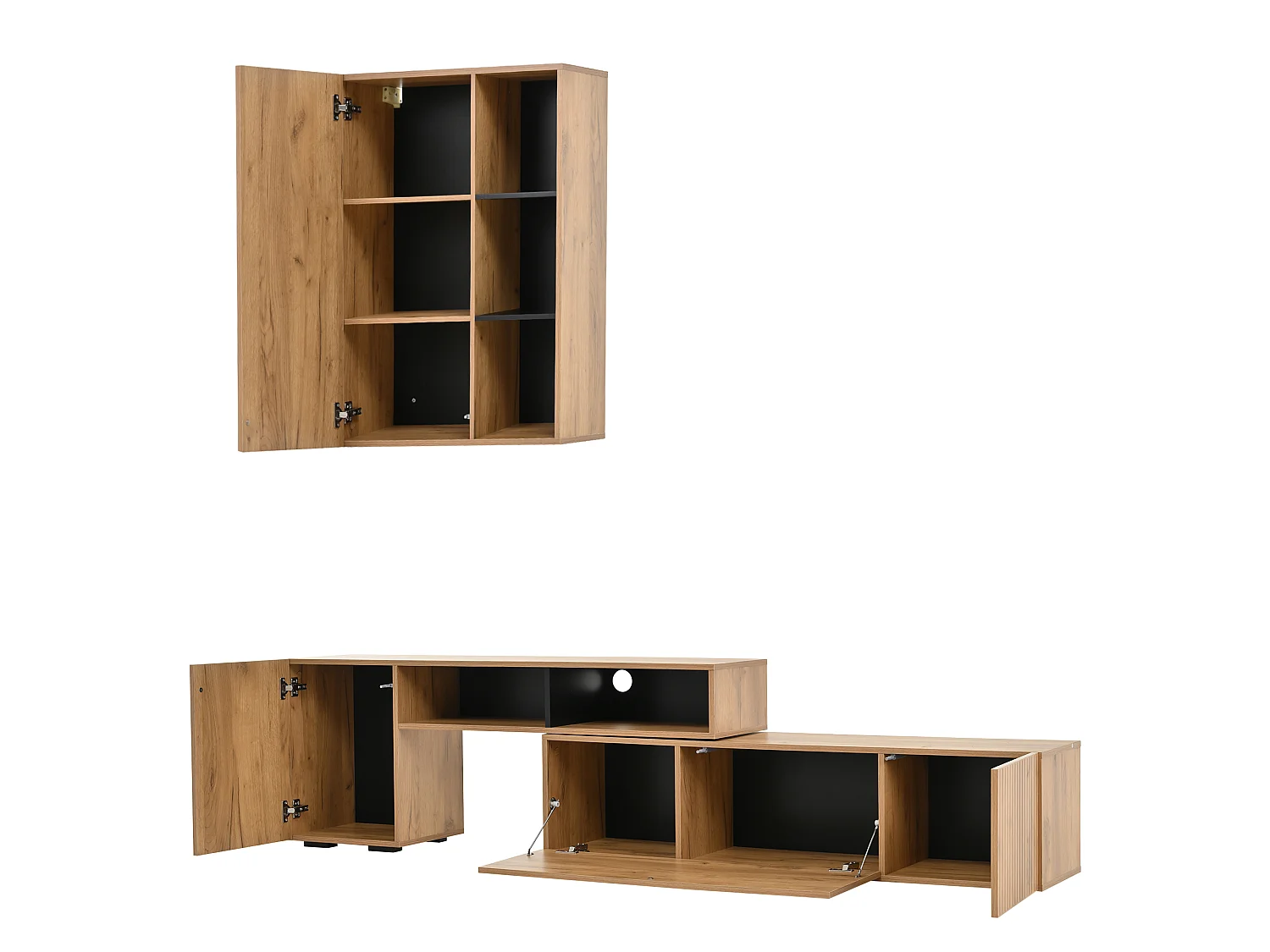 2-Piece TV Unit Set - Adjustable TV Stand + Wall Cabinet - 4 Doors - Open Shelves - Natural and Black