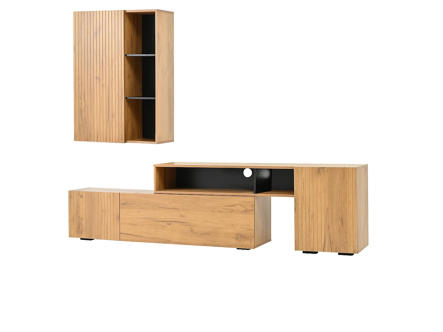 2-Piece TV Unit Set - Adjustable TV Stand + Wall Cabinet - 4 Doors - Open Shelves - Natural and Black