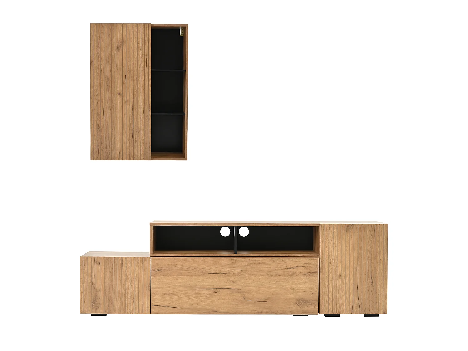 2-Piece TV Unit Set - Adjustable TV Stand + Wall Cabinet - 4 Doors - Open Shelves - Natural and Black