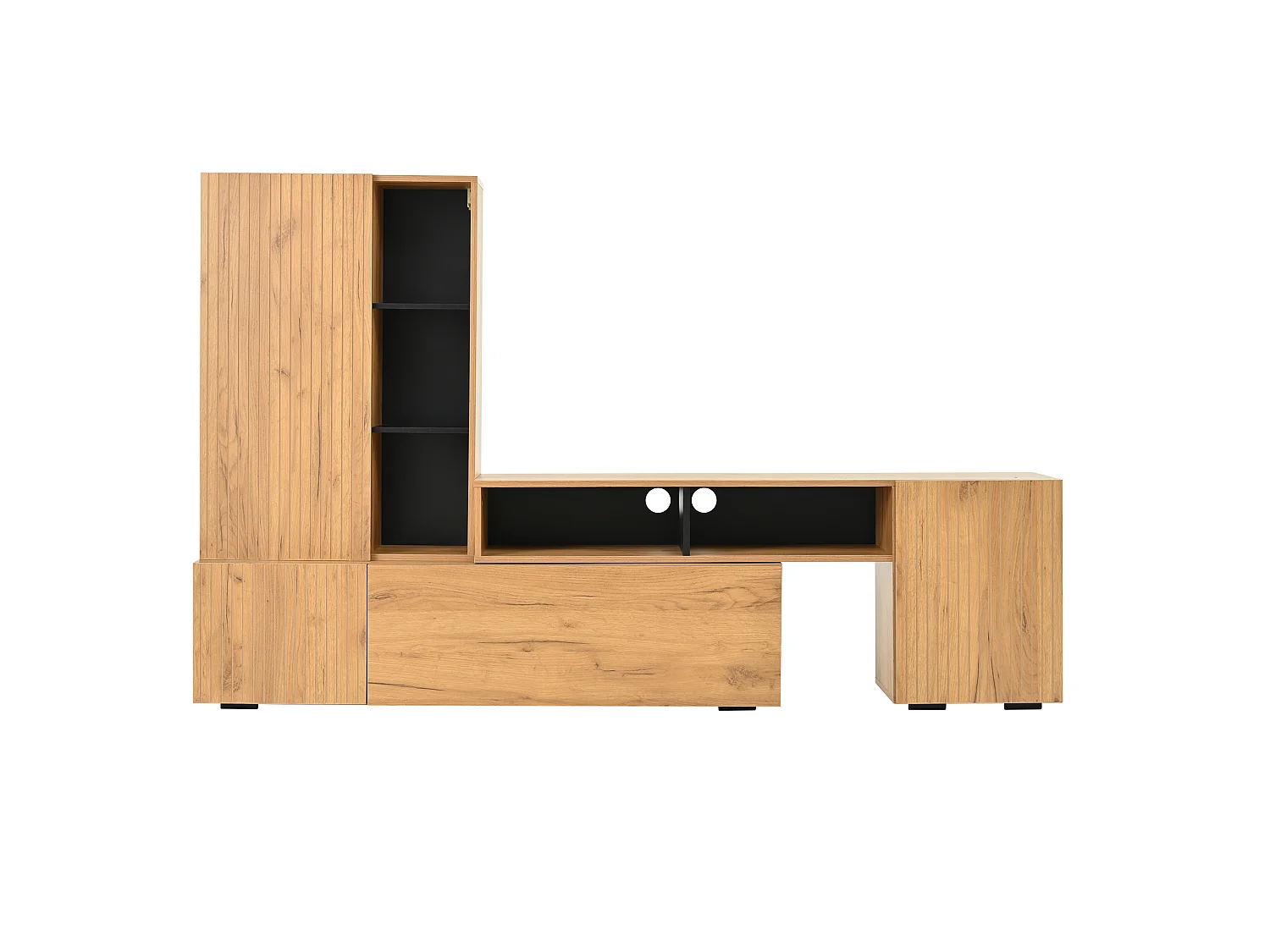 2-Piece TV Unit Set - Adjustable TV Stand + Wall Cabinet - 4 Doors - Open Shelves - Natural and Black