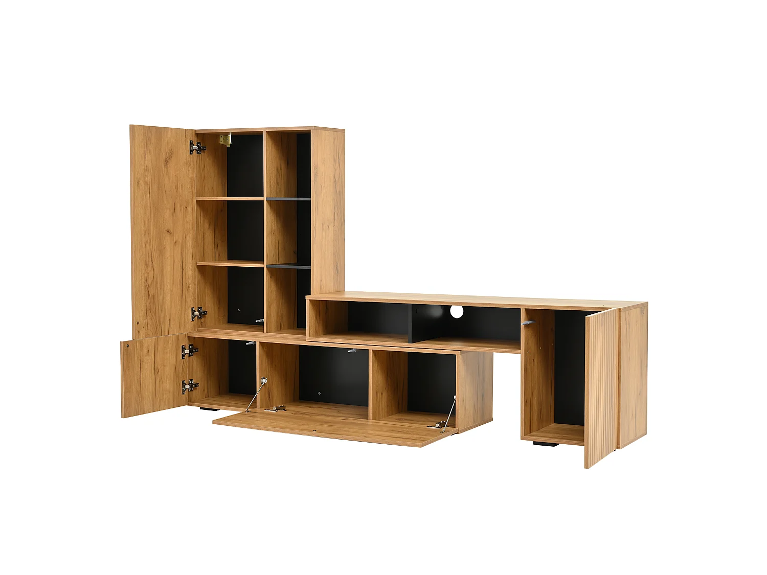 2-Piece TV Unit Set - Adjustable TV Stand + Wall Cabinet - 4 Doors - Open Shelves - Natural and Black