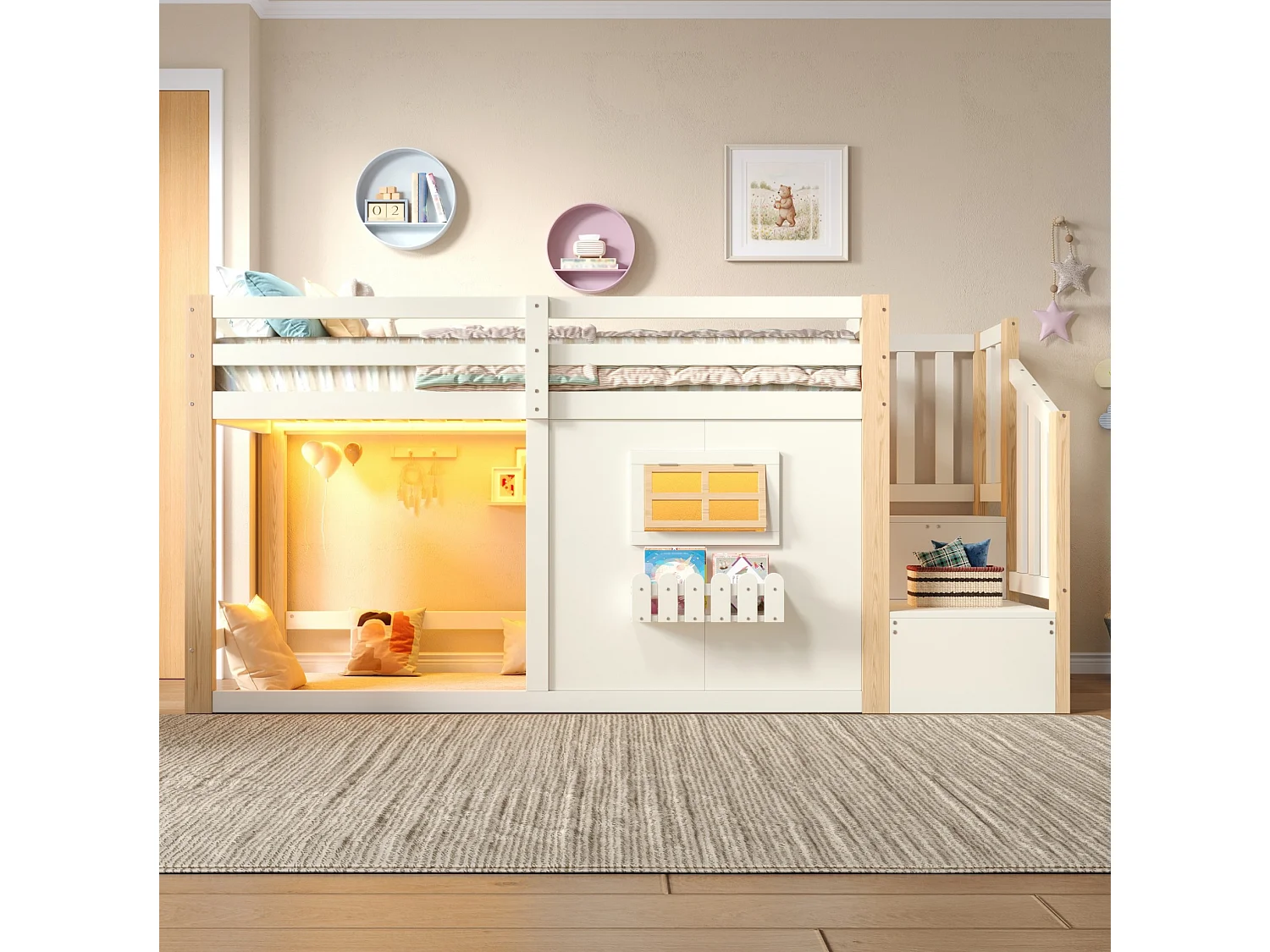 Lit mi-hauteur 90 x 200 cm avec fenêtre et éclairage LED - Blanc et Naturel clair