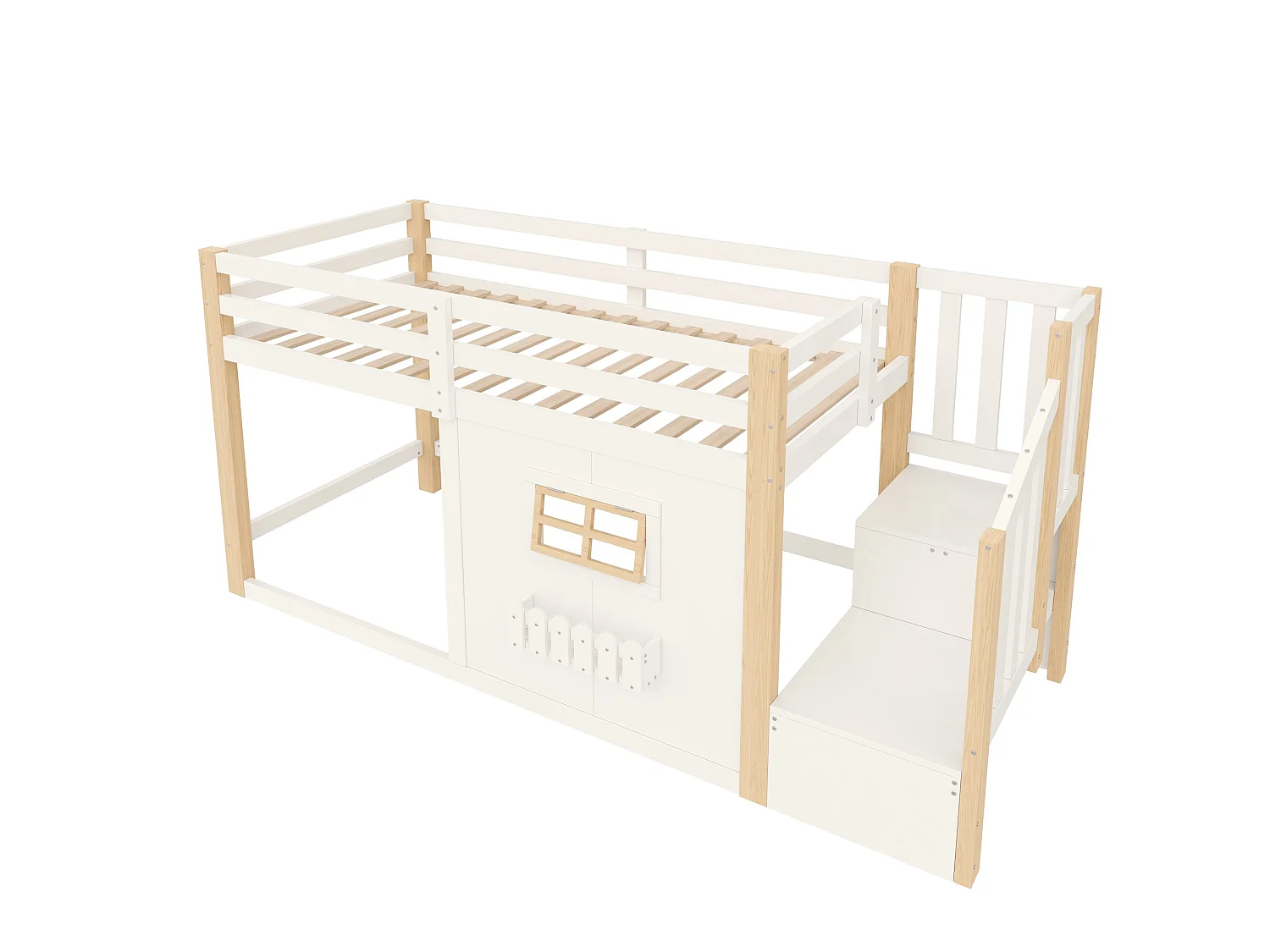 Lit mi-hauteur 90 x 200 cm avec fenêtre et éclairage LED - Blanc et Naturel clair