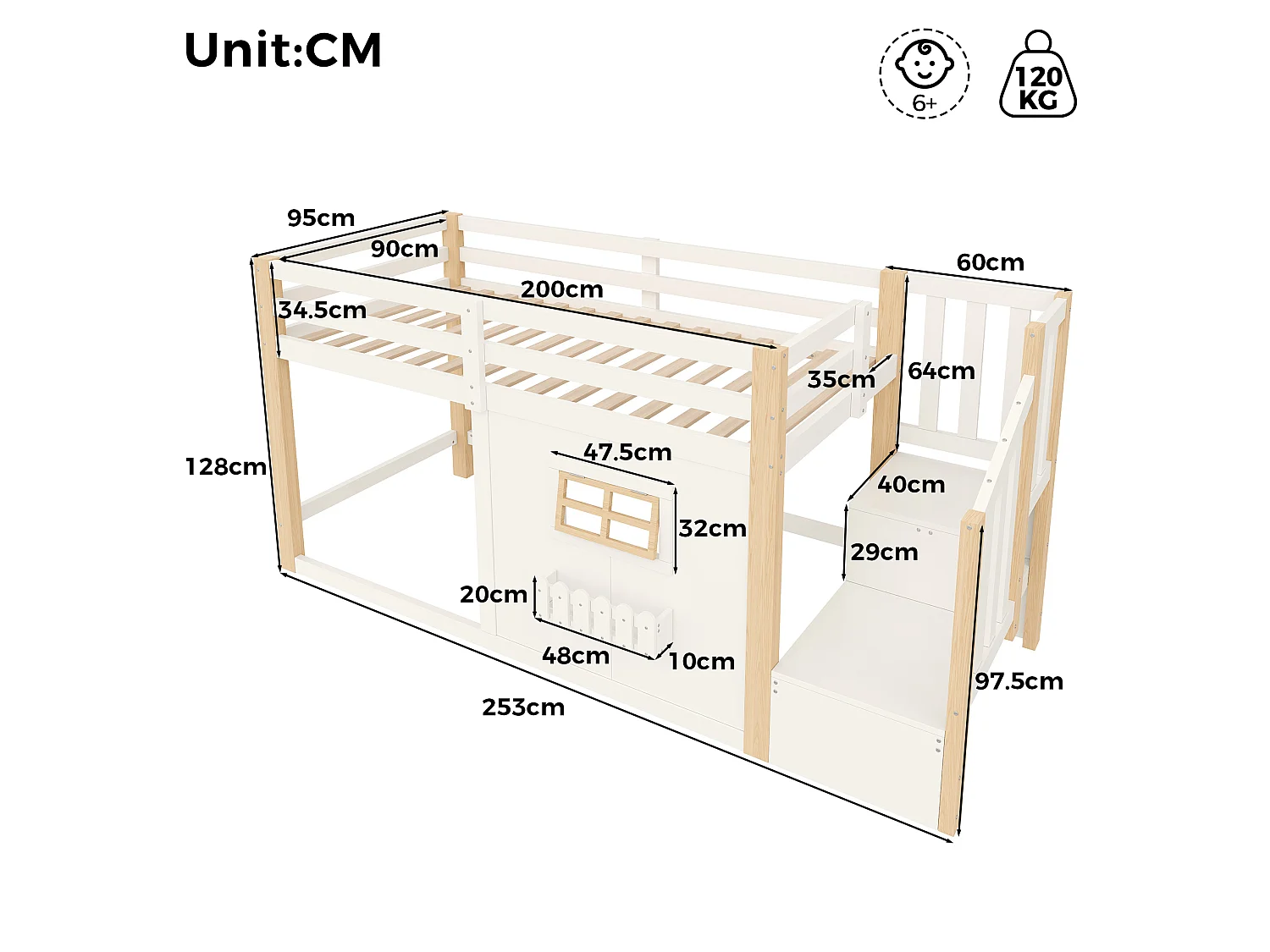 Lit mi-hauteur 90 x 200 cm avec fenêtre et éclairage LED - Blanc et Naturel clair