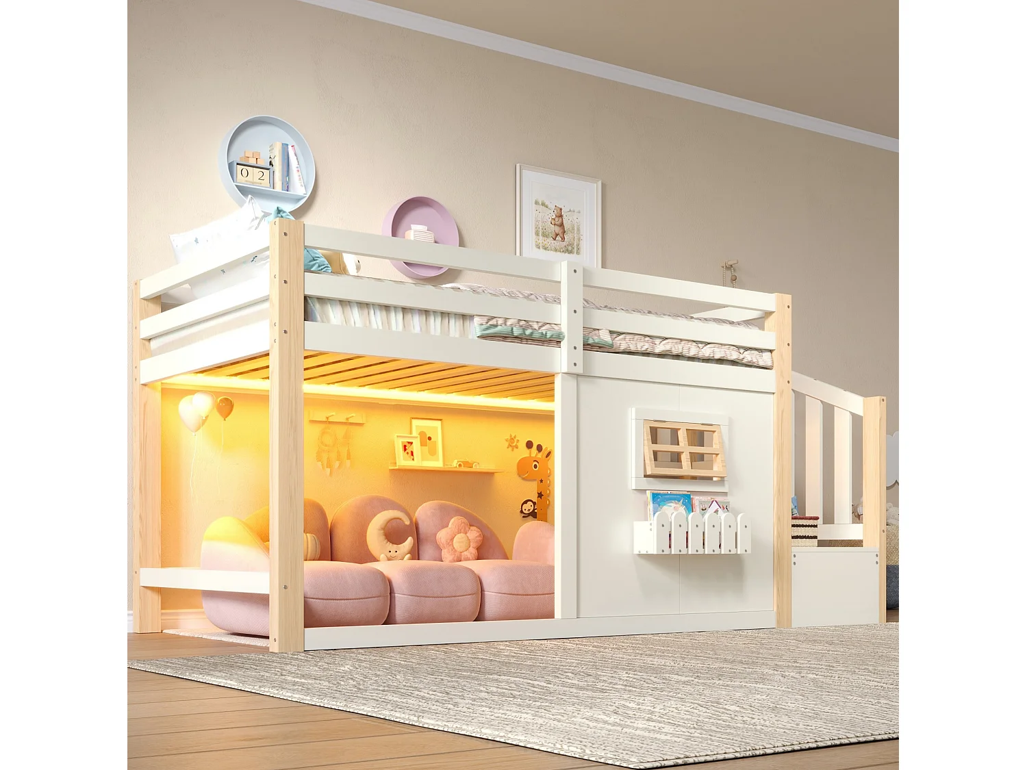 Lit mi-hauteur 90 x 200 cm avec fenêtre et éclairage LED - Blanc et Naturel clair