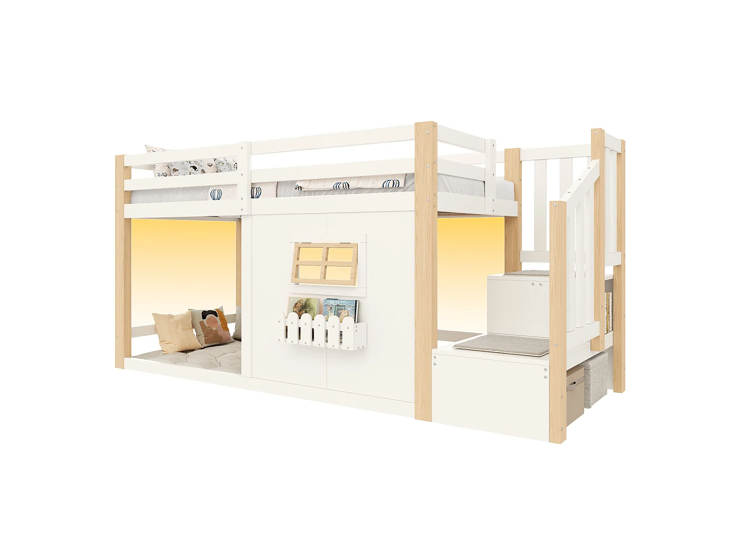 Lit mi-hauteur 90 x 200 cm avec fenêtre et éclairage LED - Blanc et Naturel clair