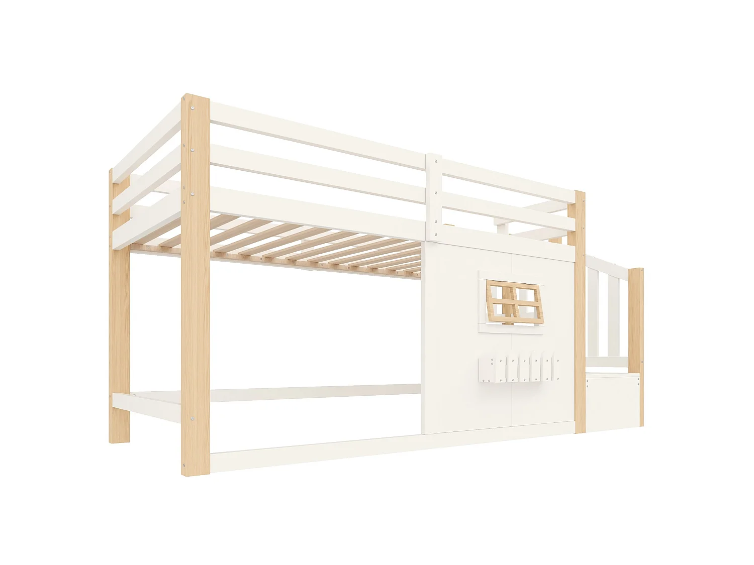 Lit mi-hauteur 90 x 200 cm avec fenêtre et éclairage LED - Blanc et Naturel clair