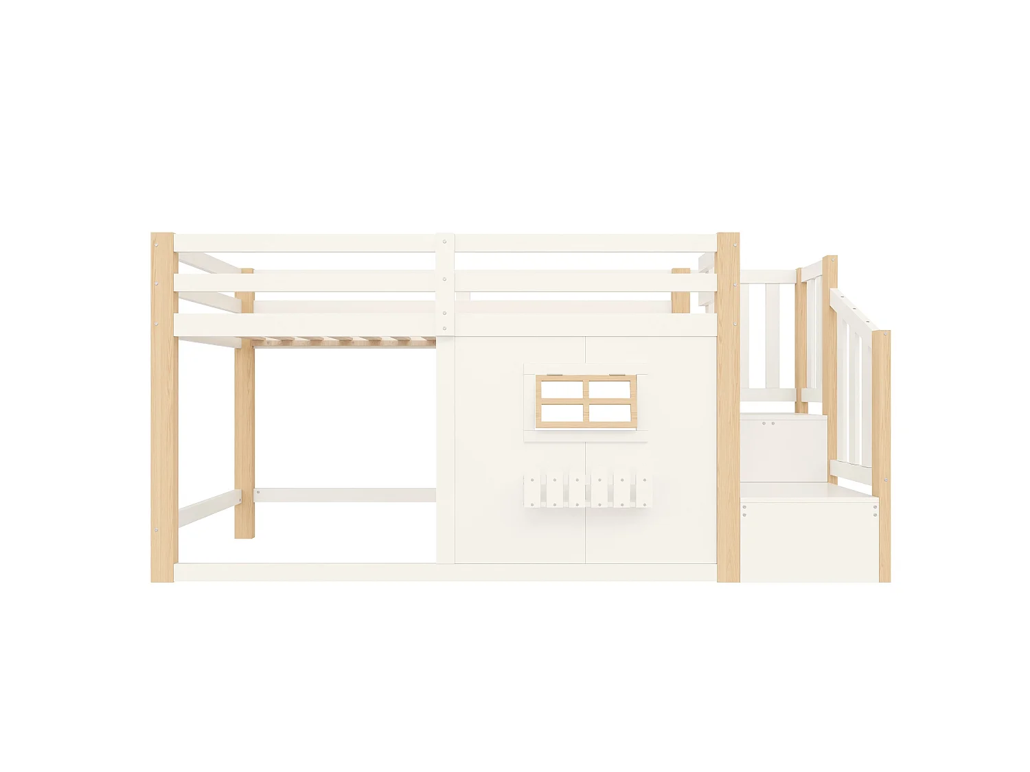 Lit mi-hauteur 90 x 200 cm avec fenêtre et éclairage LED - Blanc et Naturel clair