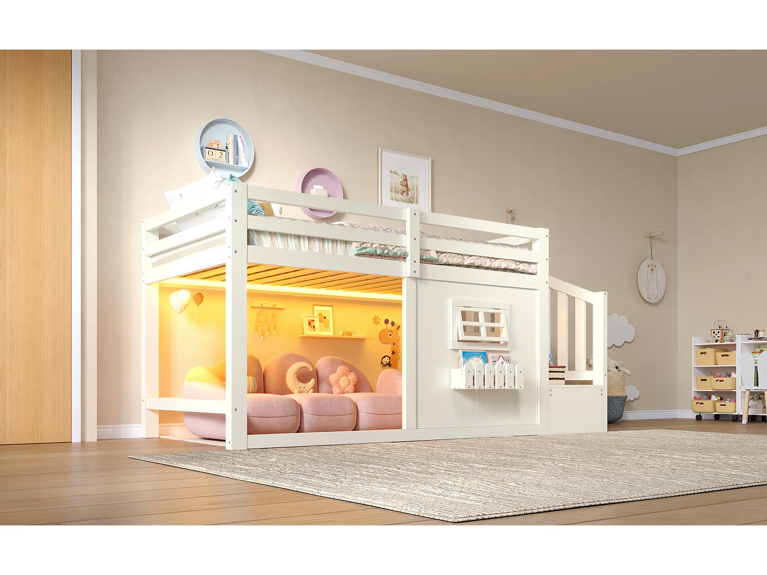 Lit mi-hauteur 90 x 200 cm avec fenêtre et éclairage LED - Blanc