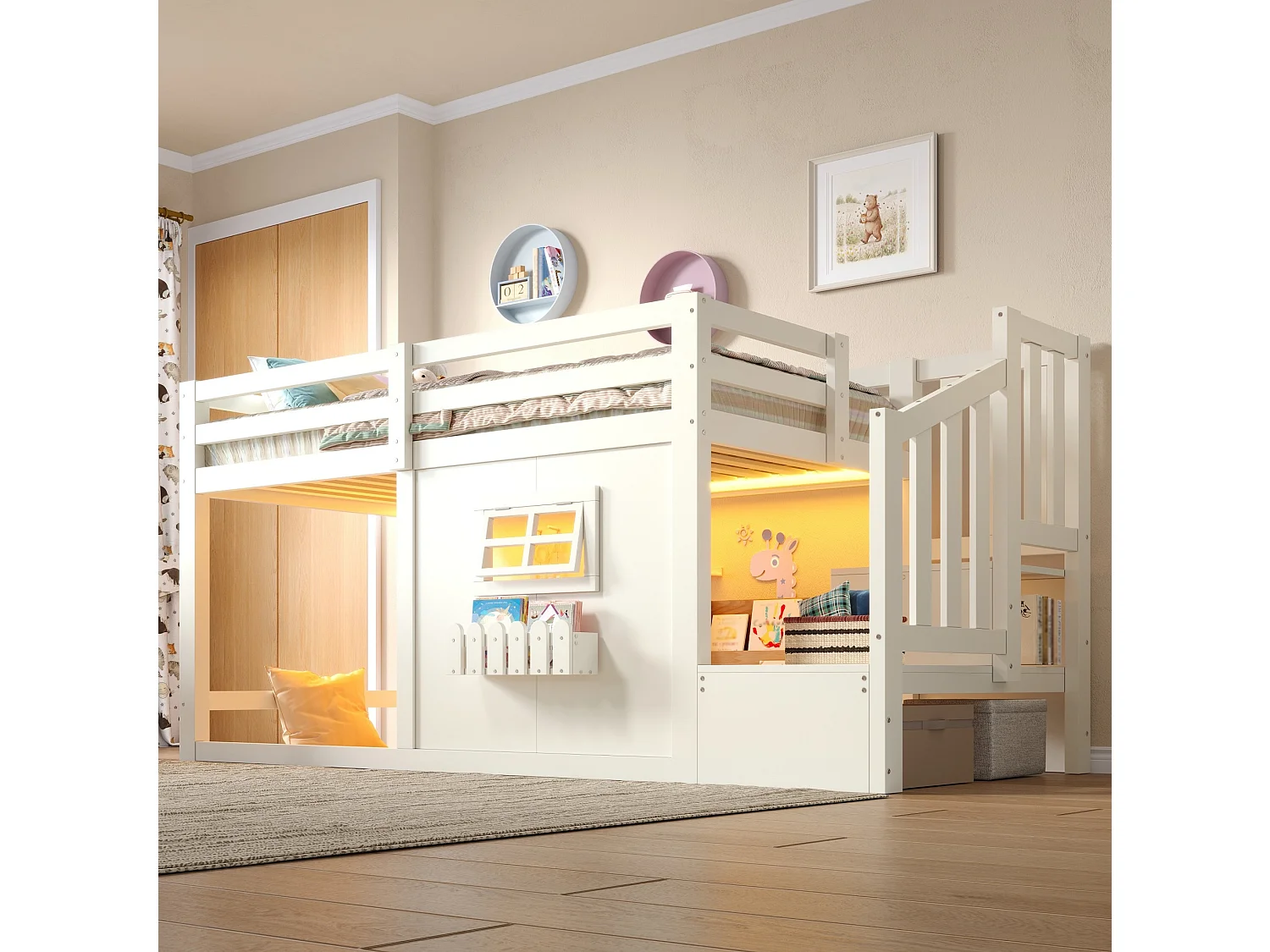 Lit mi-hauteur 90 x 200 cm avec fenêtre et éclairage LED - Blanc