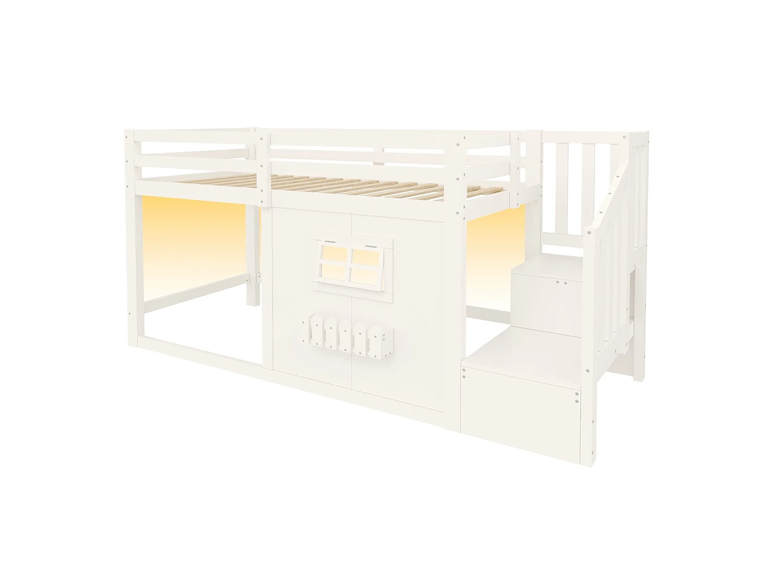 Lit mi-hauteur 90 x 200 cm avec fenêtre et éclairage LED - Blanc