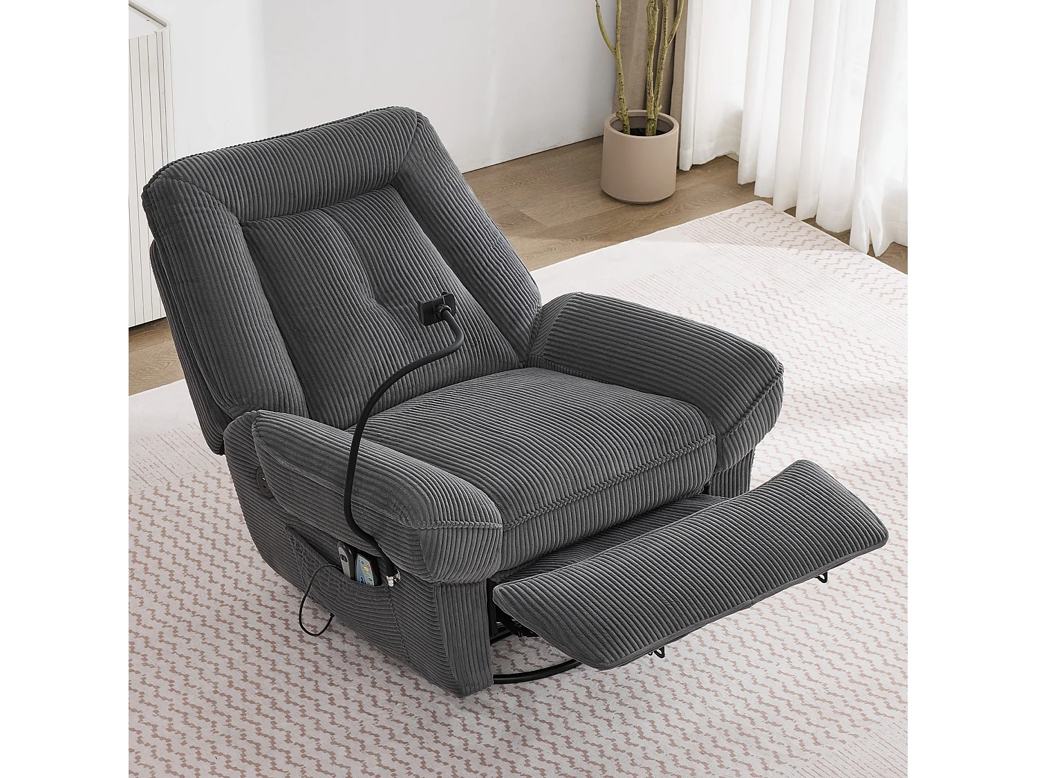 Draaibare elektrische relaxfauteuil in grijs corduroy - Massage- en verwarmingsfunctie, USB