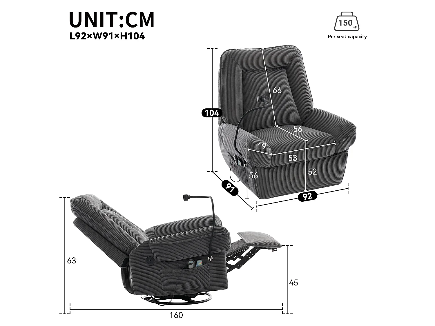Draaibare elektrische relaxfauteuil in grijs corduroy - Massage- en verwarmingsfunctie, USB