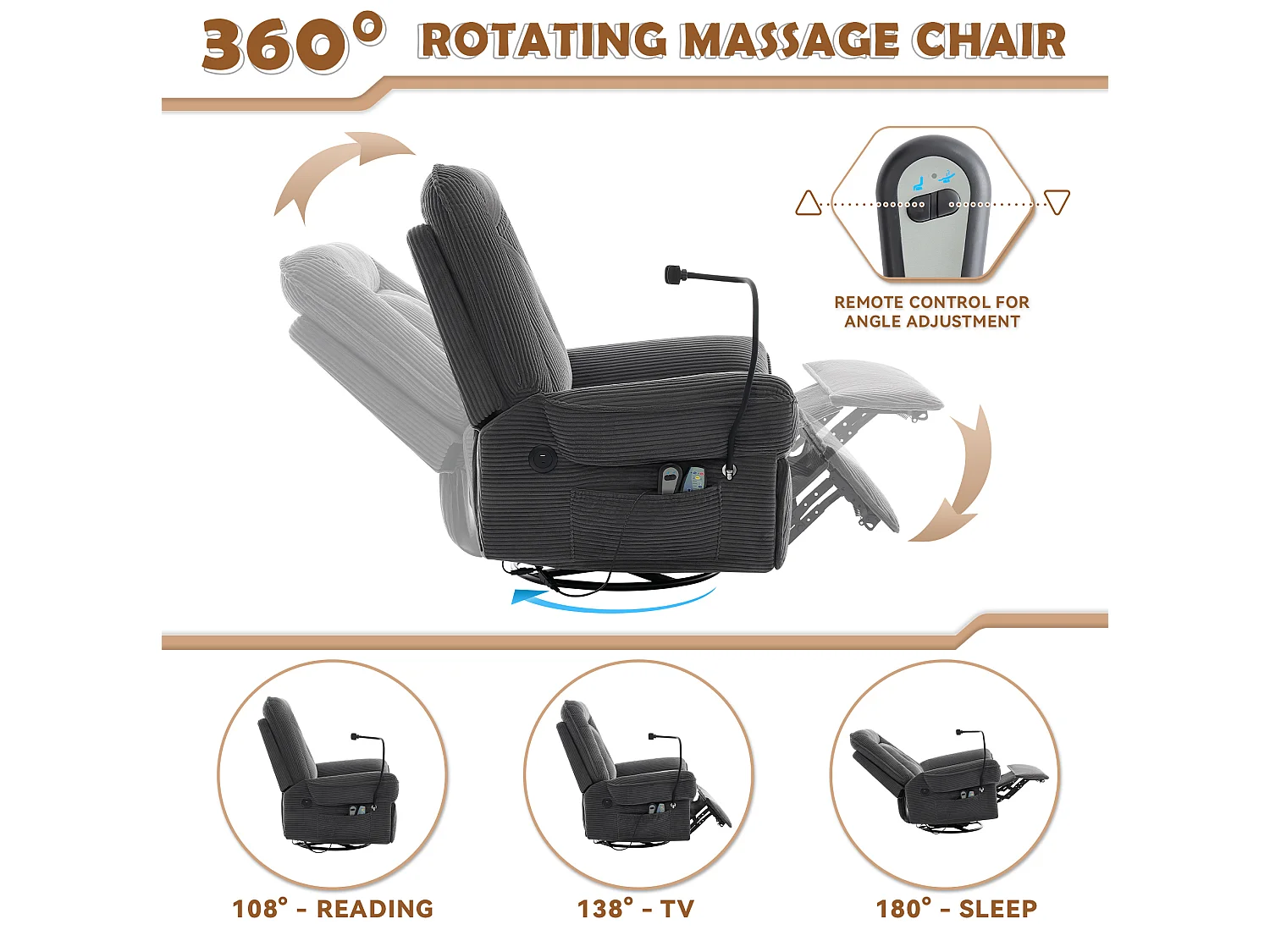 Draaibare elektrische relaxfauteuil in grijs corduroy - Massage- en verwarmingsfunctie, USB