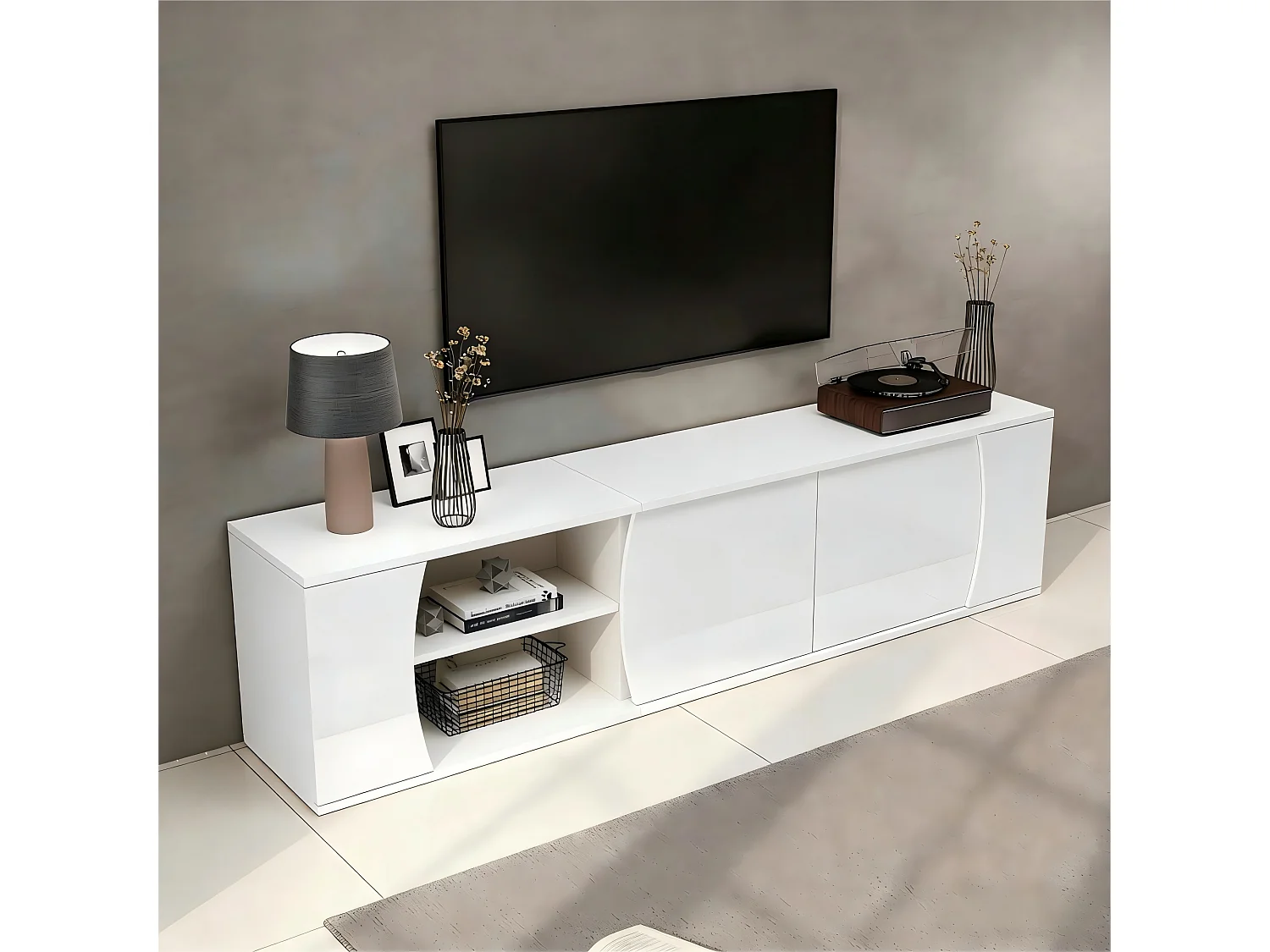 Glossy lacquered TV stand 180x40x45cm - LED lighting - 3 doors - Tempered glass - Particleboard - White