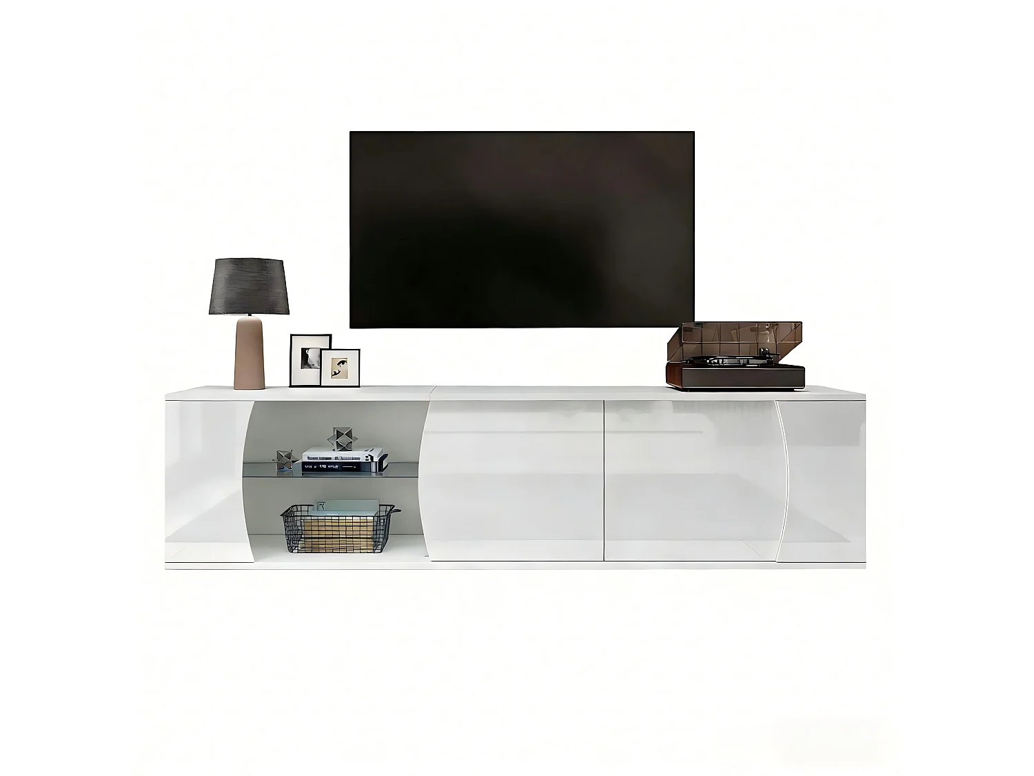 Glossy lacquered TV stand 180x40x45cm - LED lighting - 3 doors - Tempered glass - Particleboard - White