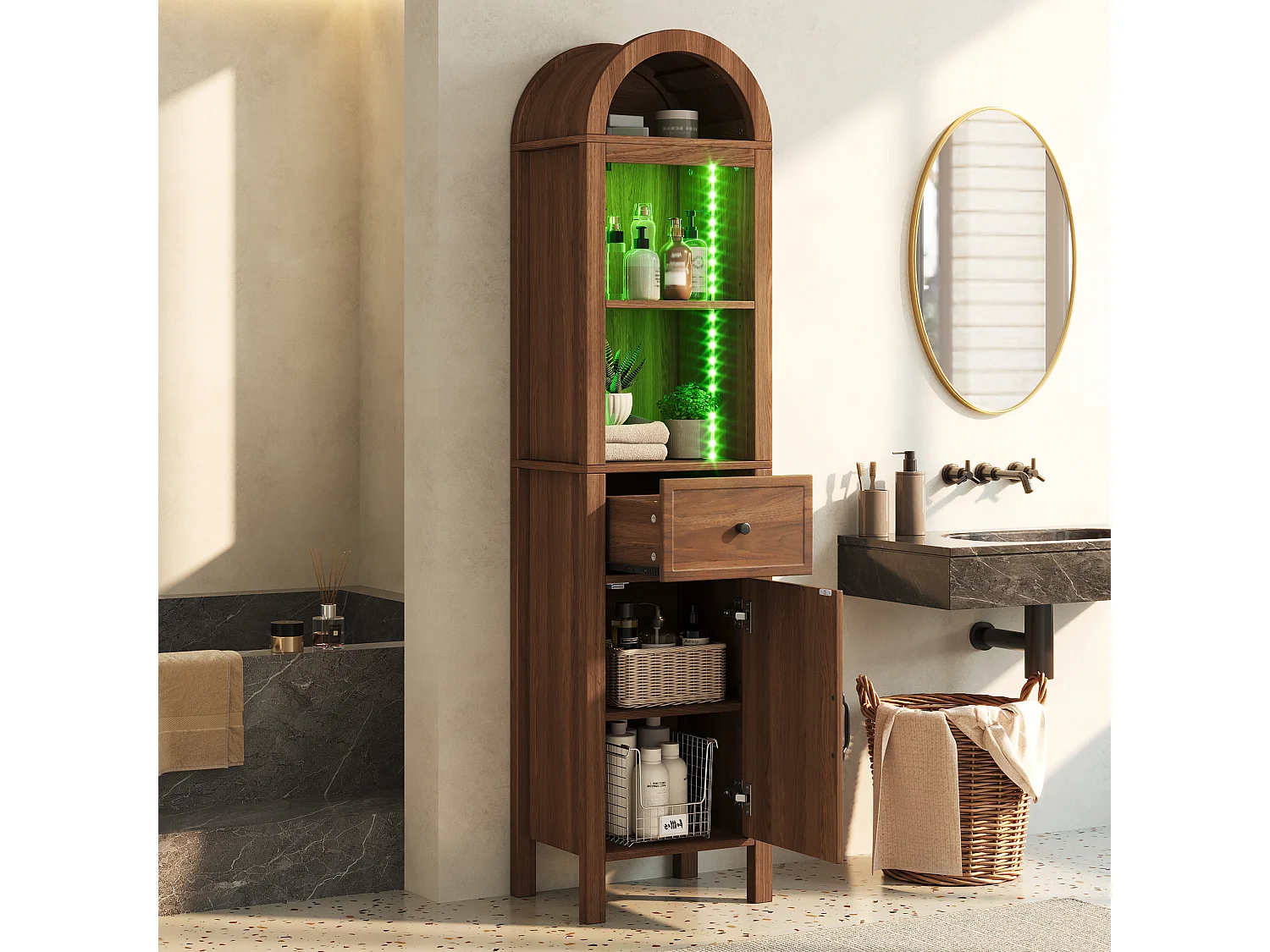 Columna de baño de 163 cm de altura - Armario alto con arco LED, puertas ranuradas reversibles y cajón - Marrón