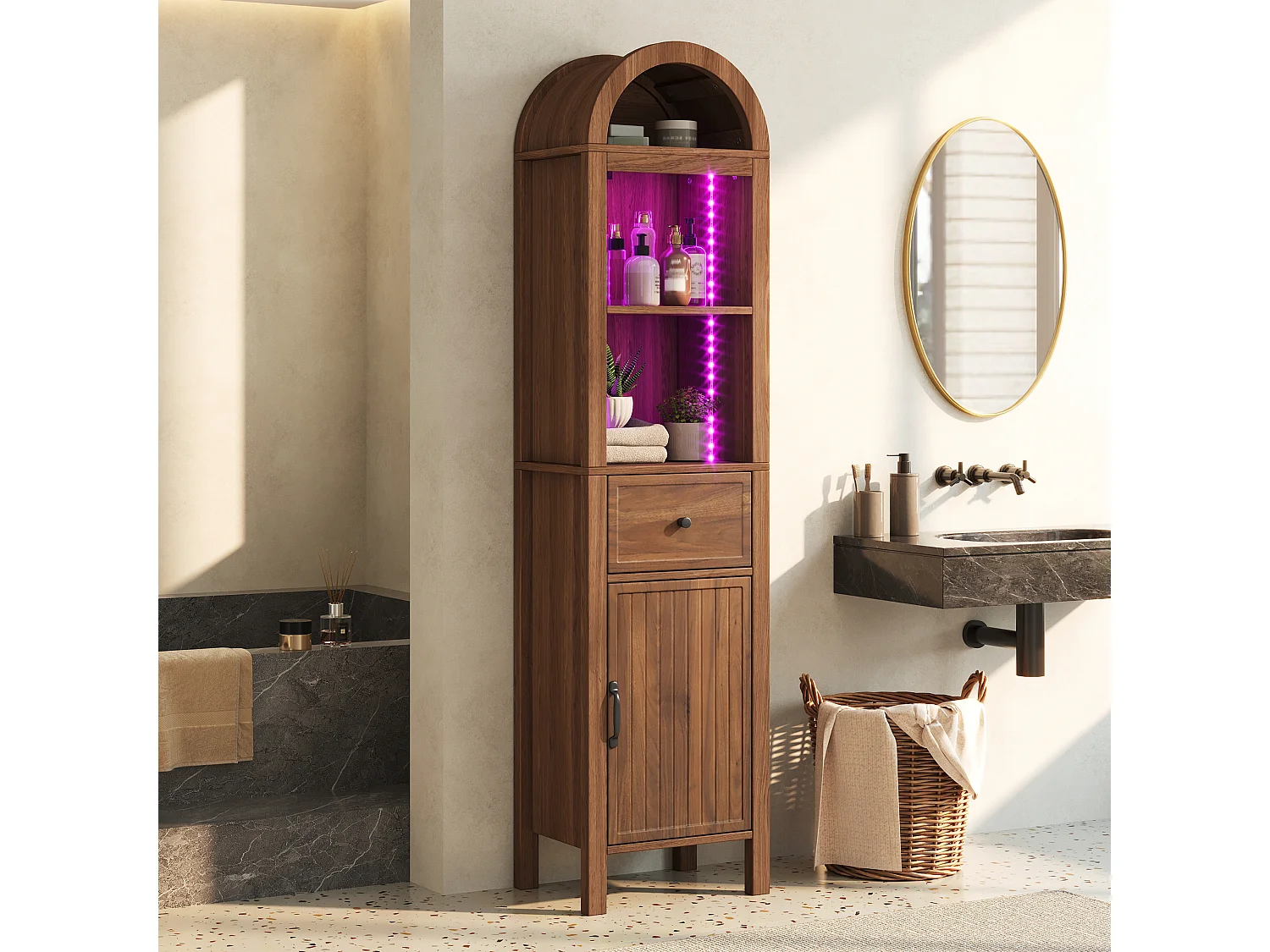 Columna de baño de 163 cm de altura - Armario alto con arco LED, puertas ranuradas reversibles y cajón - Marrón