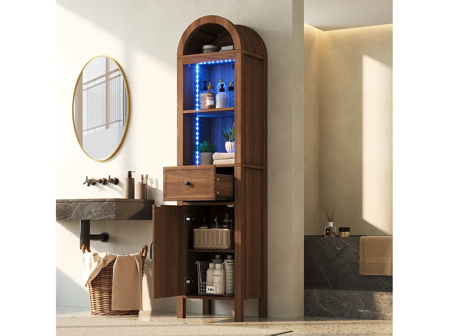 Columna de baño de 163 cm de altura - Armario alto con arco LED, puertas ranuradas reversibles y cajón - Marrón