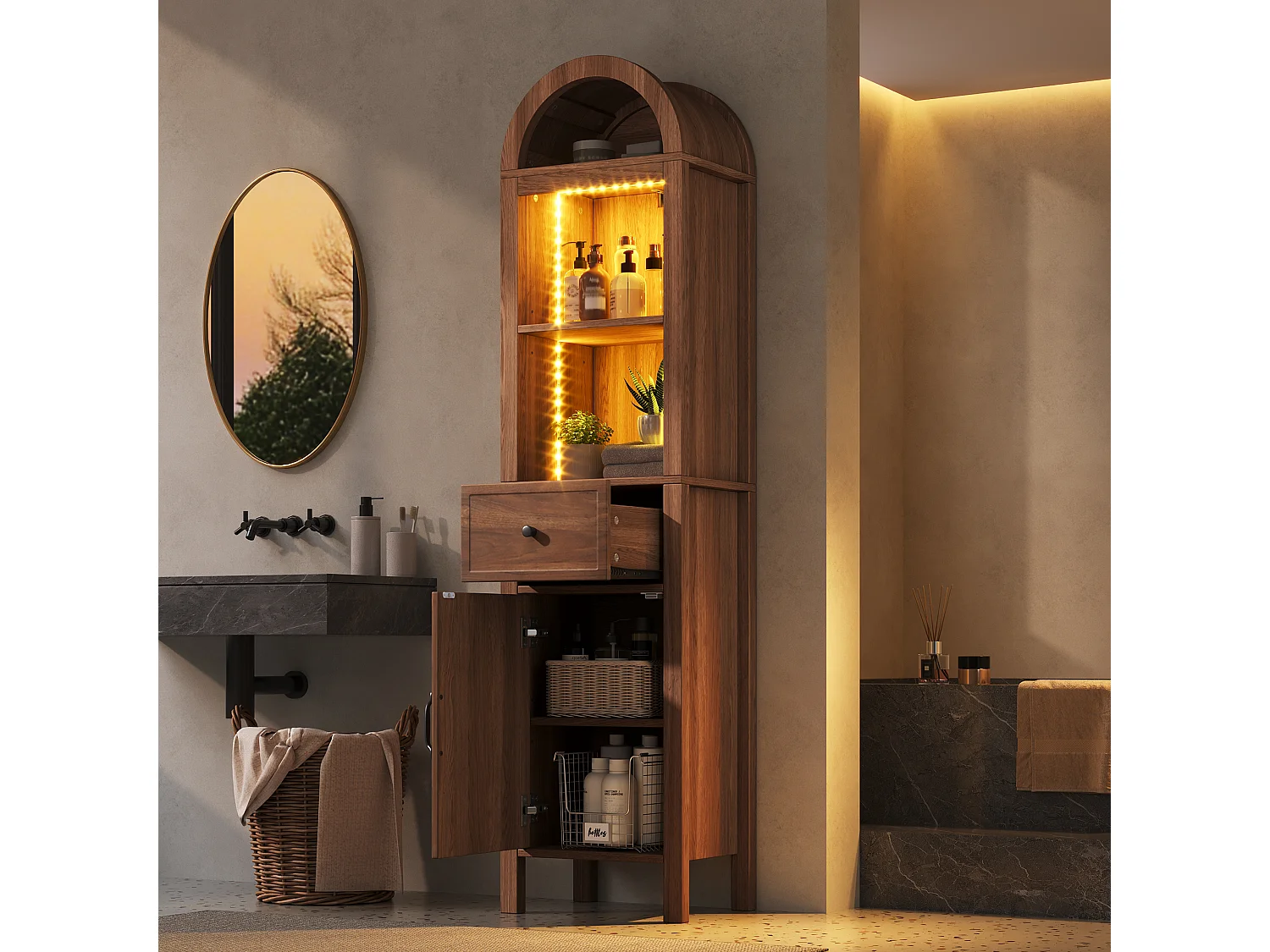 Columna de baño de 163 cm de altura - Armario alto con arco LED, puertas ranuradas reversibles y cajón - Marrón