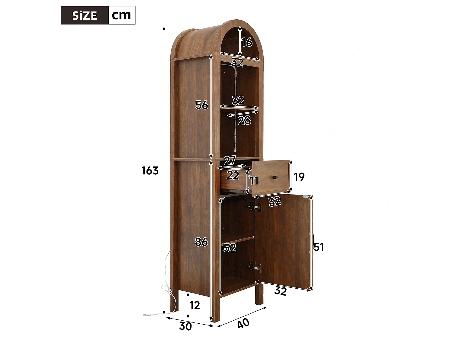 Columna de baño de 163 cm de altura - Armario alto con arco LED, puertas ranuradas reversibles y cajón - Marrón