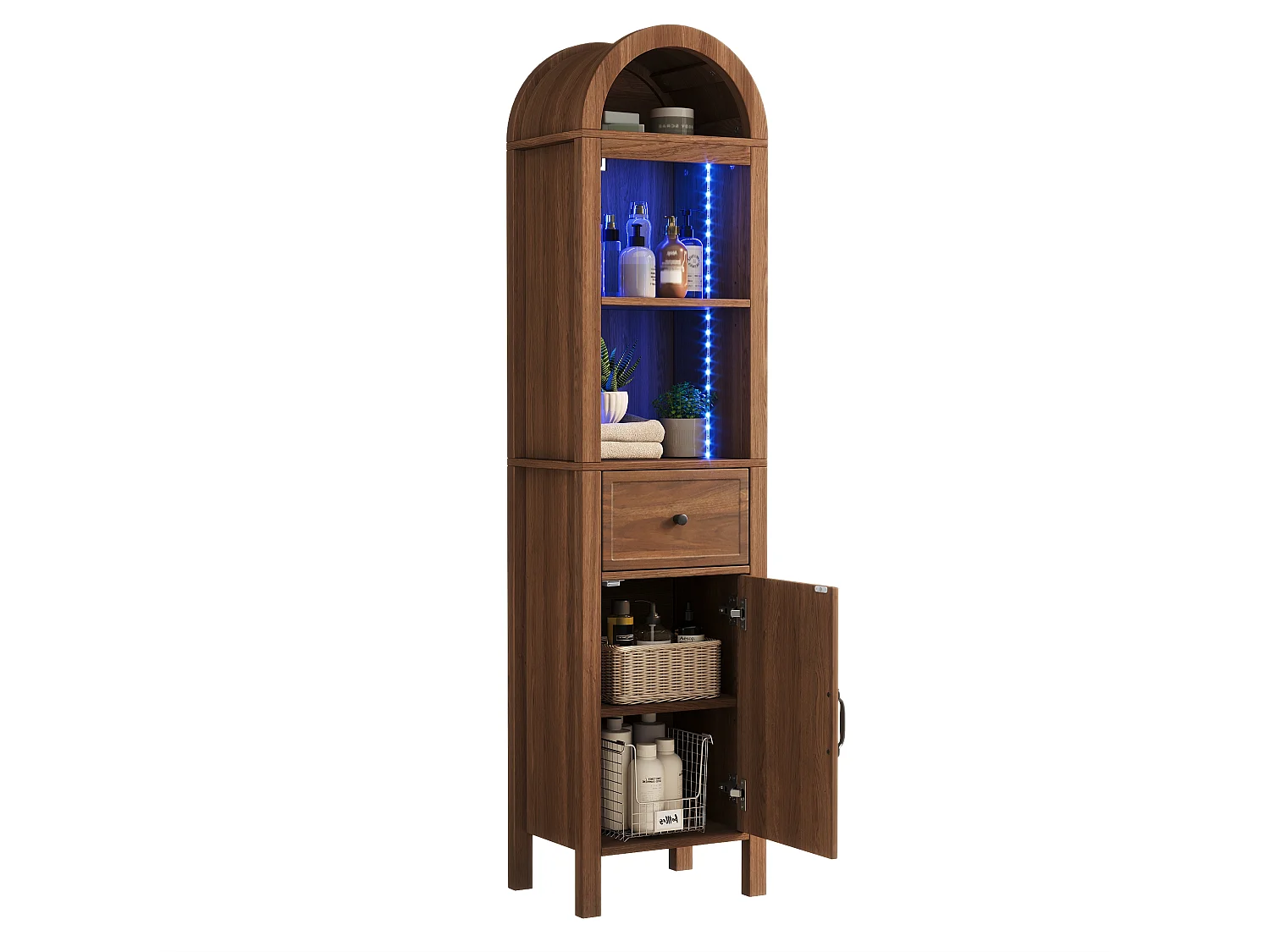 Columna de baño de 163 cm de altura - Armario alto con arco LED, puertas ranuradas reversibles y cajón - Marrón