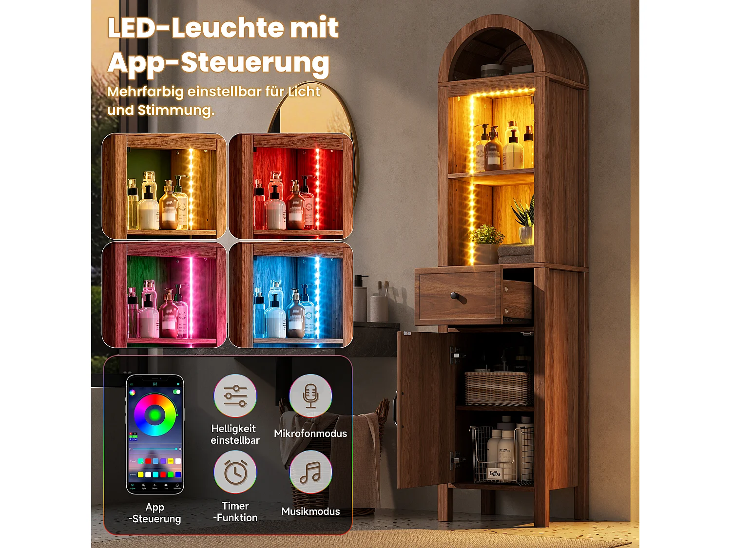 Columna de baño de 163 cm de altura - Armario alto con arco LED, puertas ranuradas reversibles y cajón - Marrón