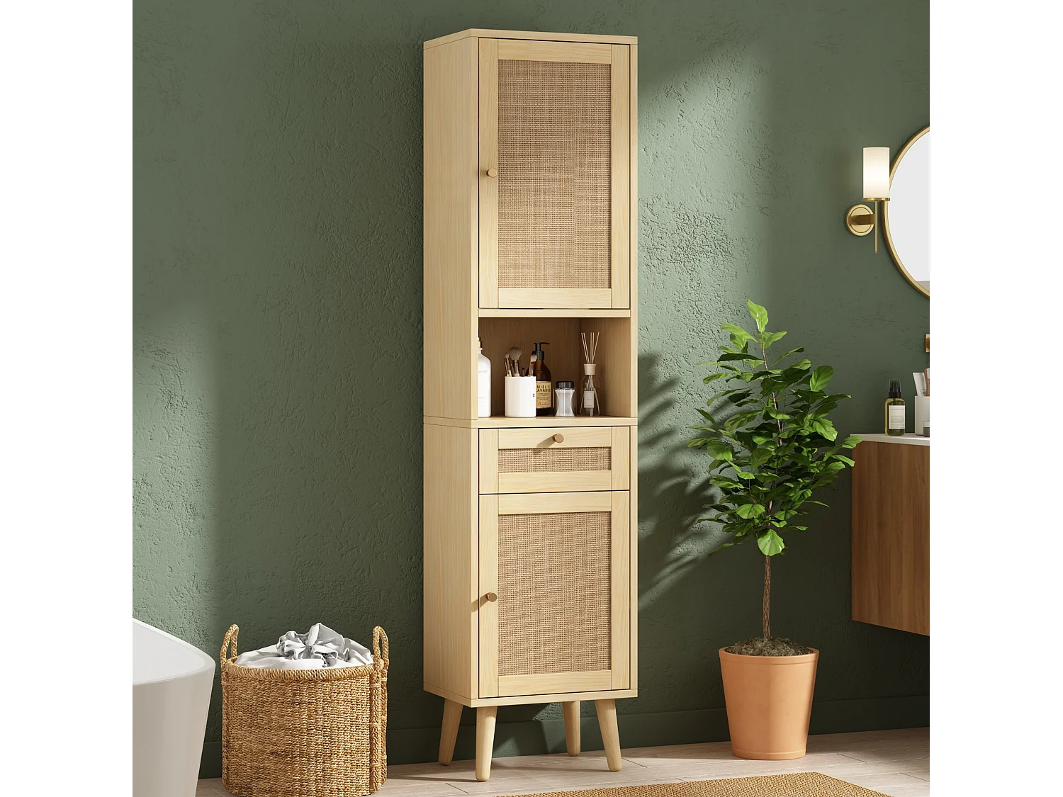 Colonne de Salle de Bain Hauteur 166cm - Meuble Haut de Rangement avec Portes en Rotin Réversibles & Tiroir, Style Naturel - Naturel