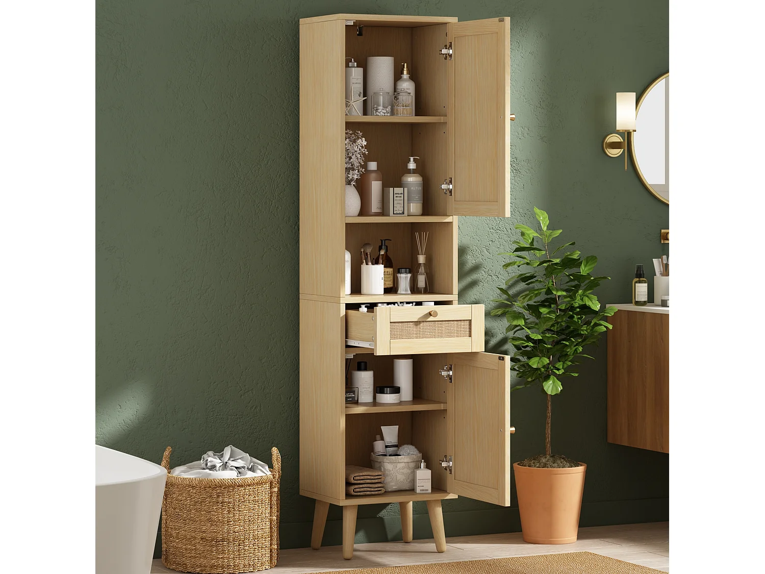 Colonne de Salle de Bain Hauteur 166cm - Meuble Haut de Rangement avec Portes en Rotin Réversibles & Tiroir, Style Naturel - Naturel