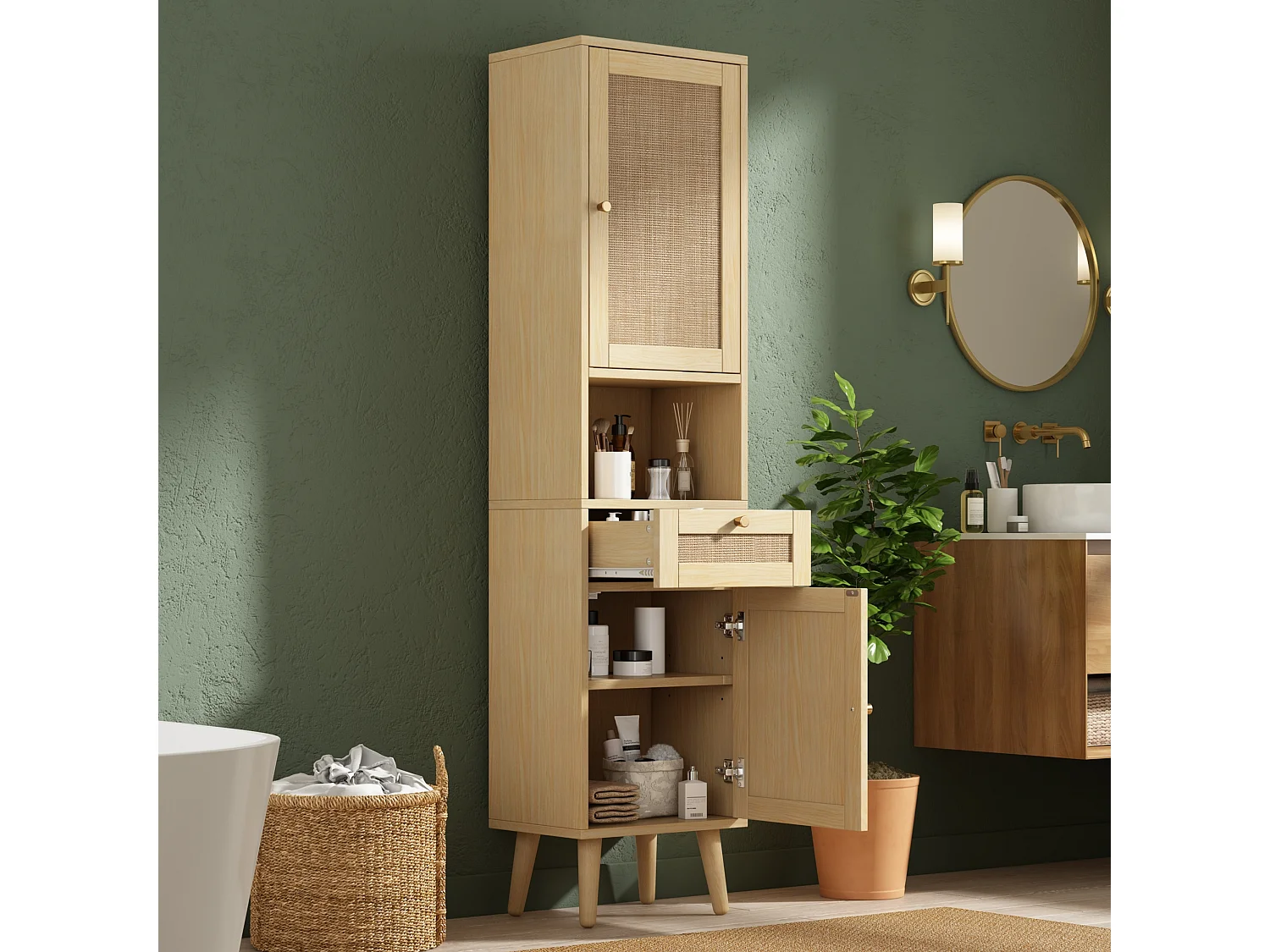 Colonne de Salle de Bain Hauteur 166cm - Meuble Haut de Rangement avec Portes en Rotin Réversibles & Tiroir, Style Naturel - Naturel