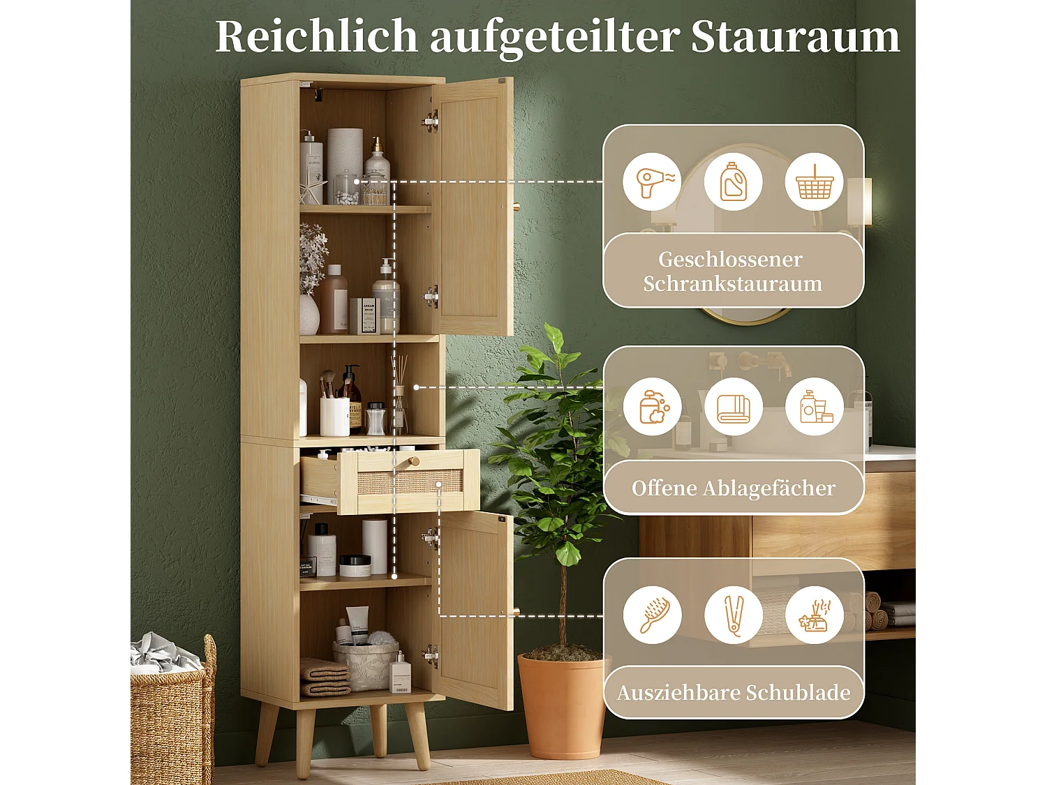 Colonne de Salle de Bain Hauteur 166cm - Meuble Haut de Rangement avec Portes en Rotin Réversibles & Tiroir, Style Naturel - Naturel