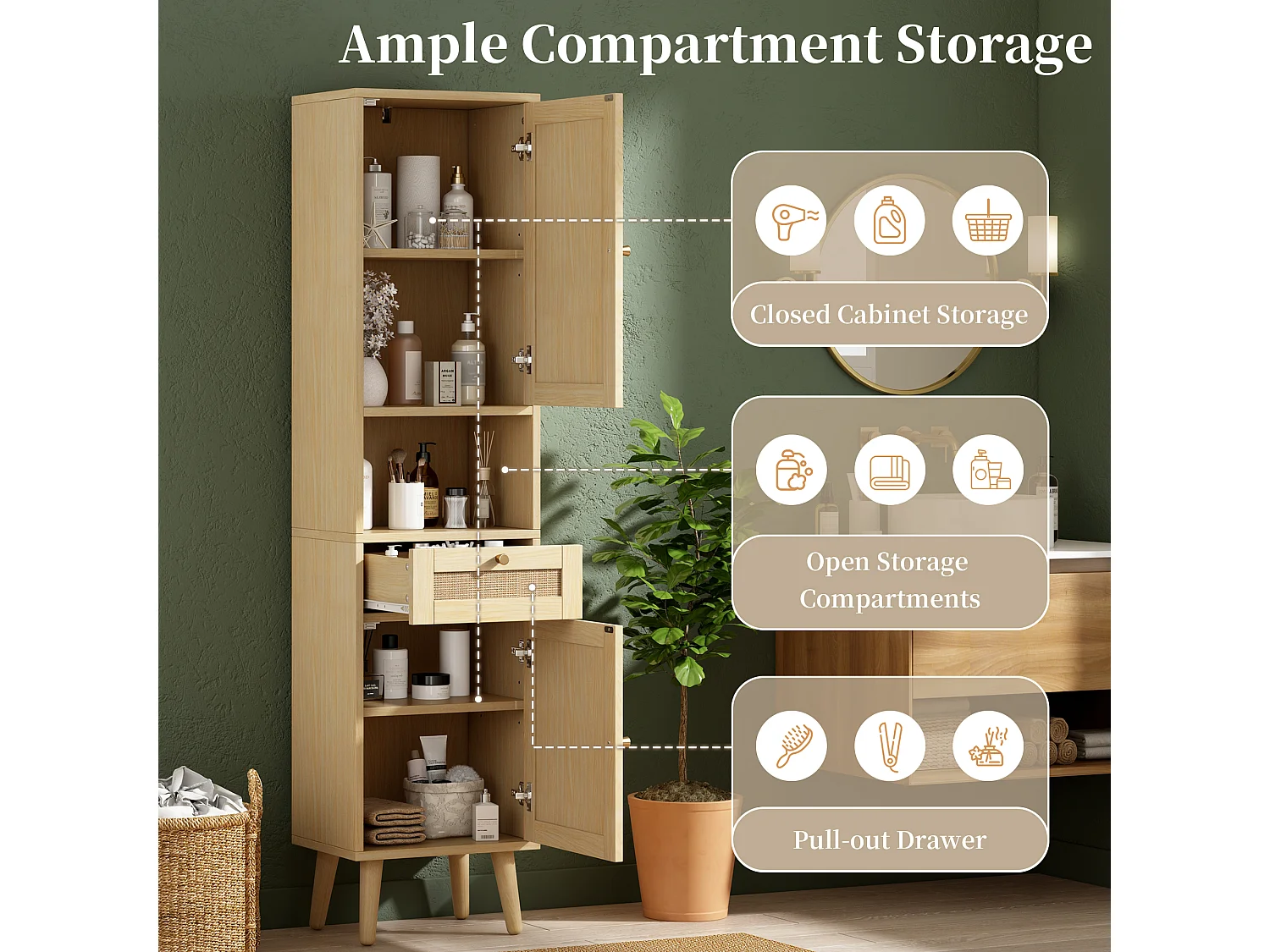 Colonne de Salle de Bain Hauteur 166cm - Meuble Haut de Rangement avec Portes en Rotin Réversibles & Tiroir, Style Naturel - Naturel