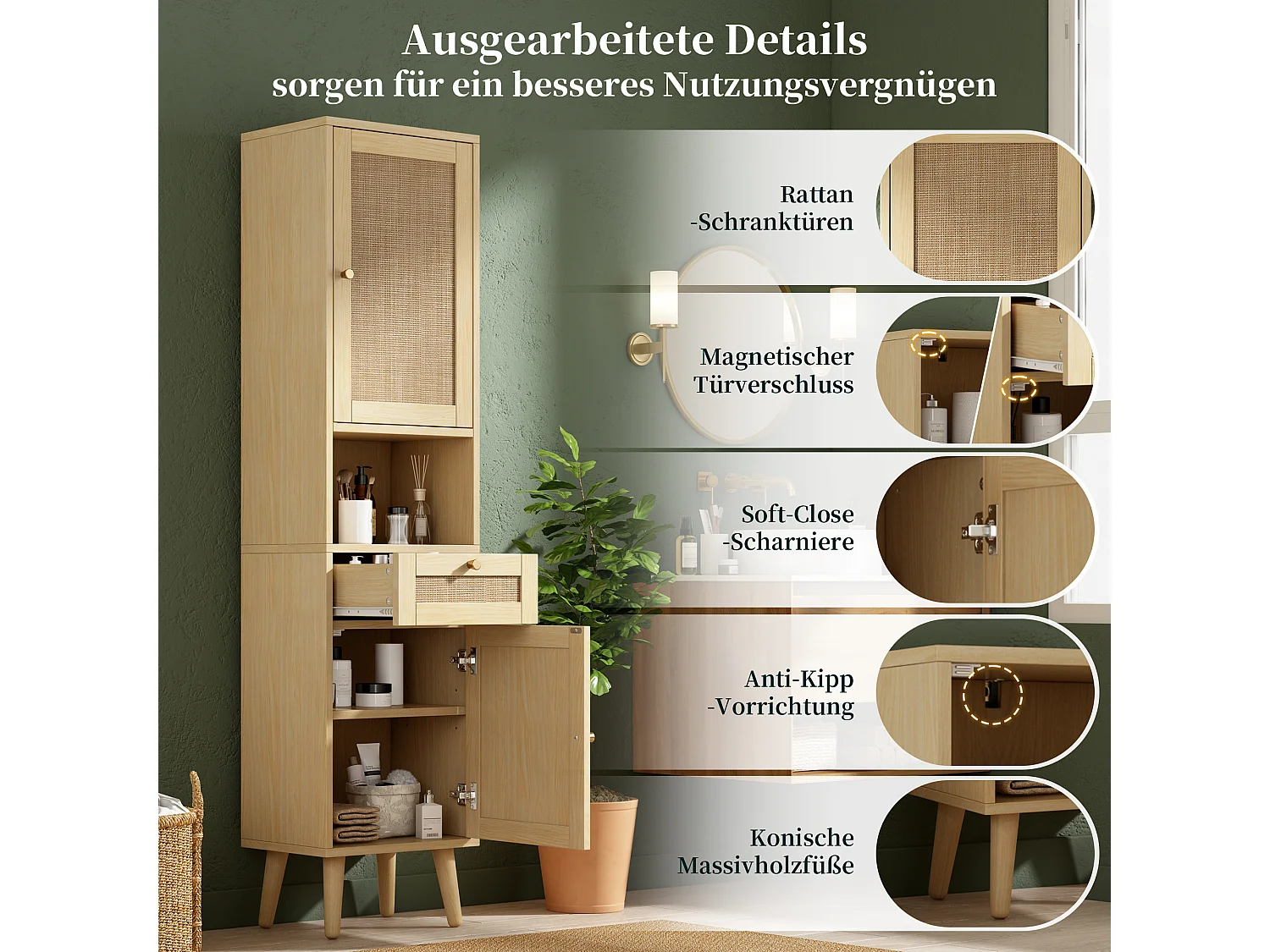 Colonne de Salle de Bain Hauteur 166cm - Meuble Haut de Rangement avec Portes en Rotin Réversibles & Tiroir, Style Naturel - Naturel