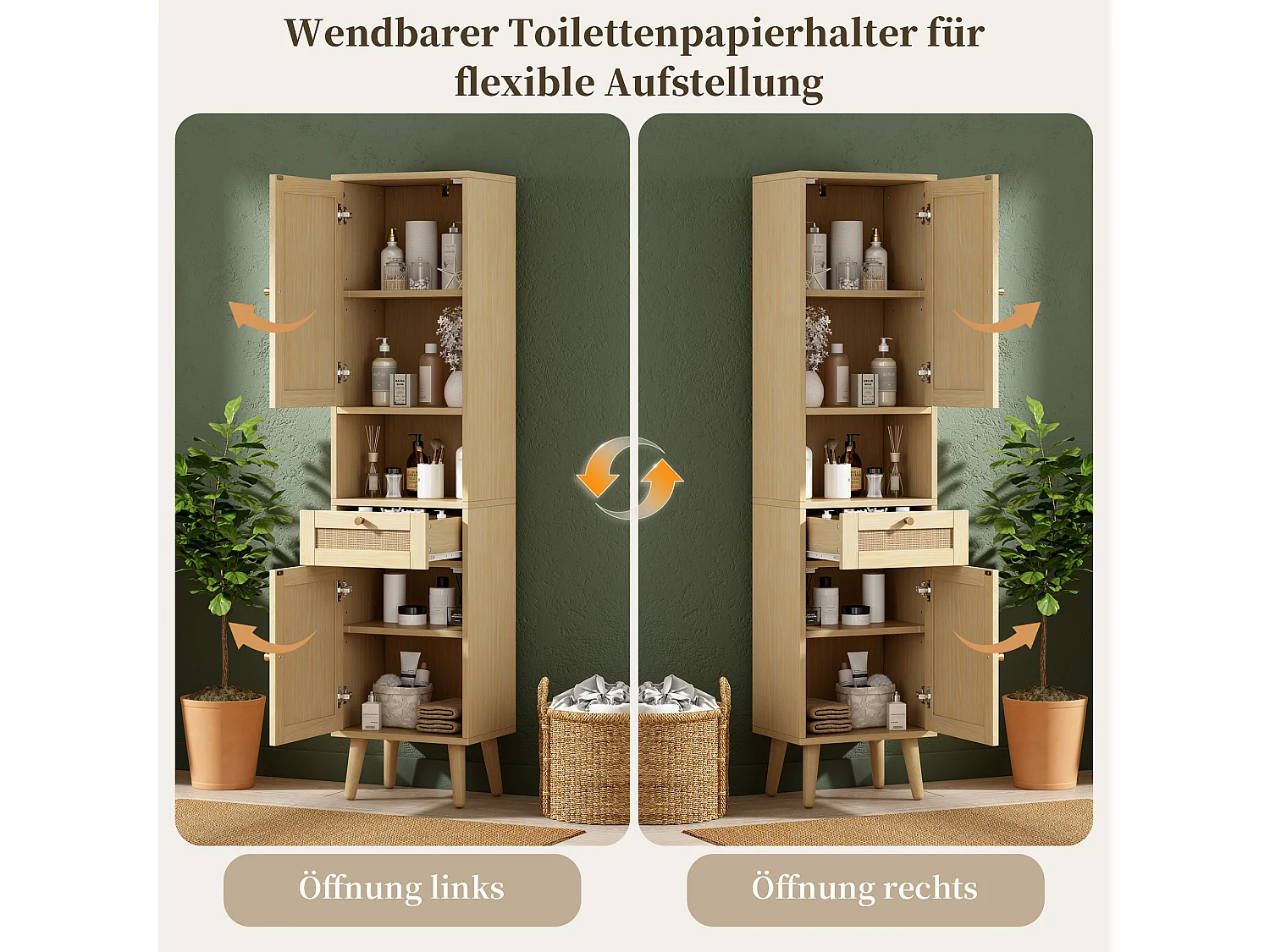 Colonne de Salle de Bain Hauteur 166cm - Meuble Haut de Rangement avec Portes en Rotin Réversibles & Tiroir, Style Naturel - Naturel