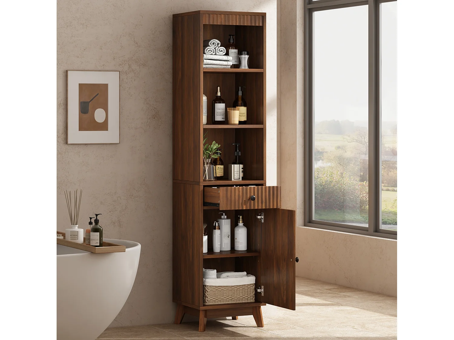 Columna de baño de 172 cm de altura - Armario alto de almacenamiento con puertas ranuradas reversibles y cajón - Marrón