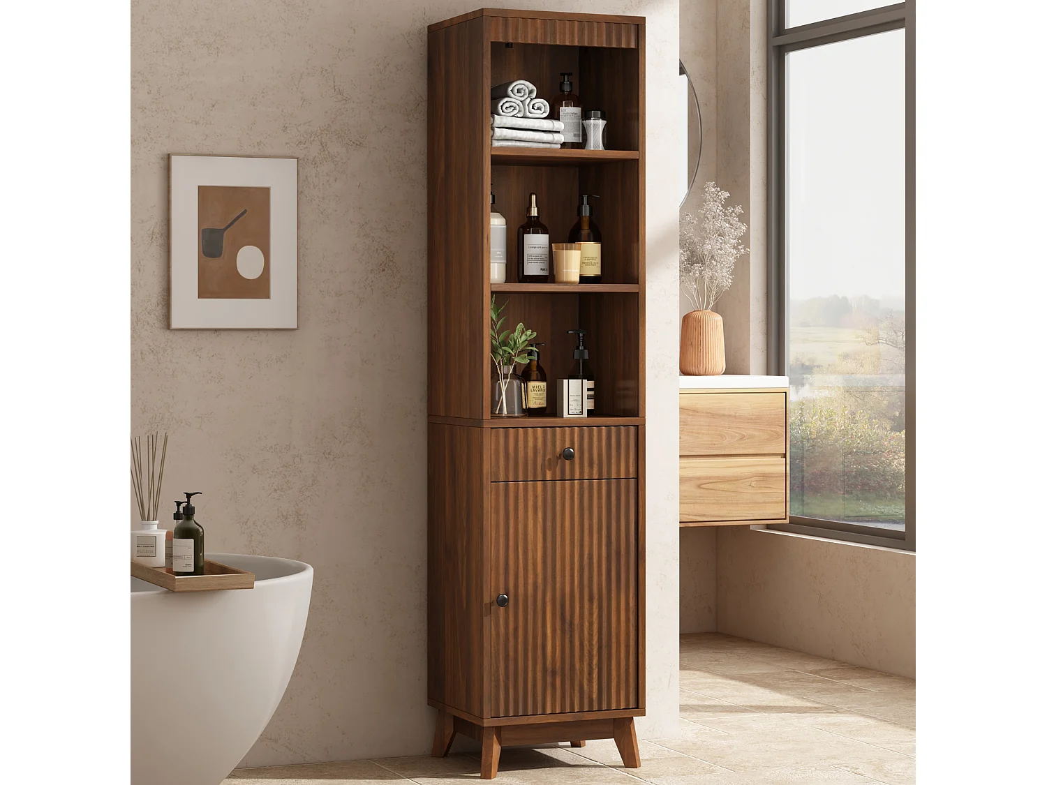 Columna de baño de 172 cm de altura - Armario alto de almacenamiento con puertas ranuradas reversibles y cajón - Marrón