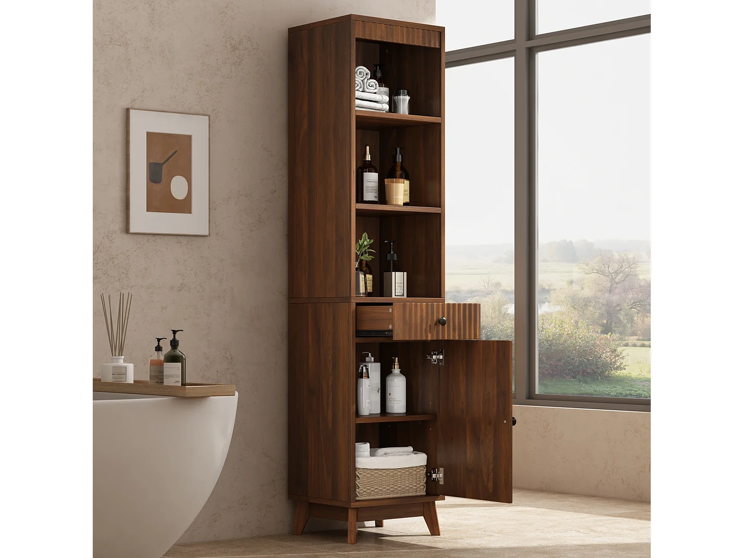 Columna de baño de 172 cm de altura - Armario alto de almacenamiento con puertas ranuradas reversibles y cajón - Marrón