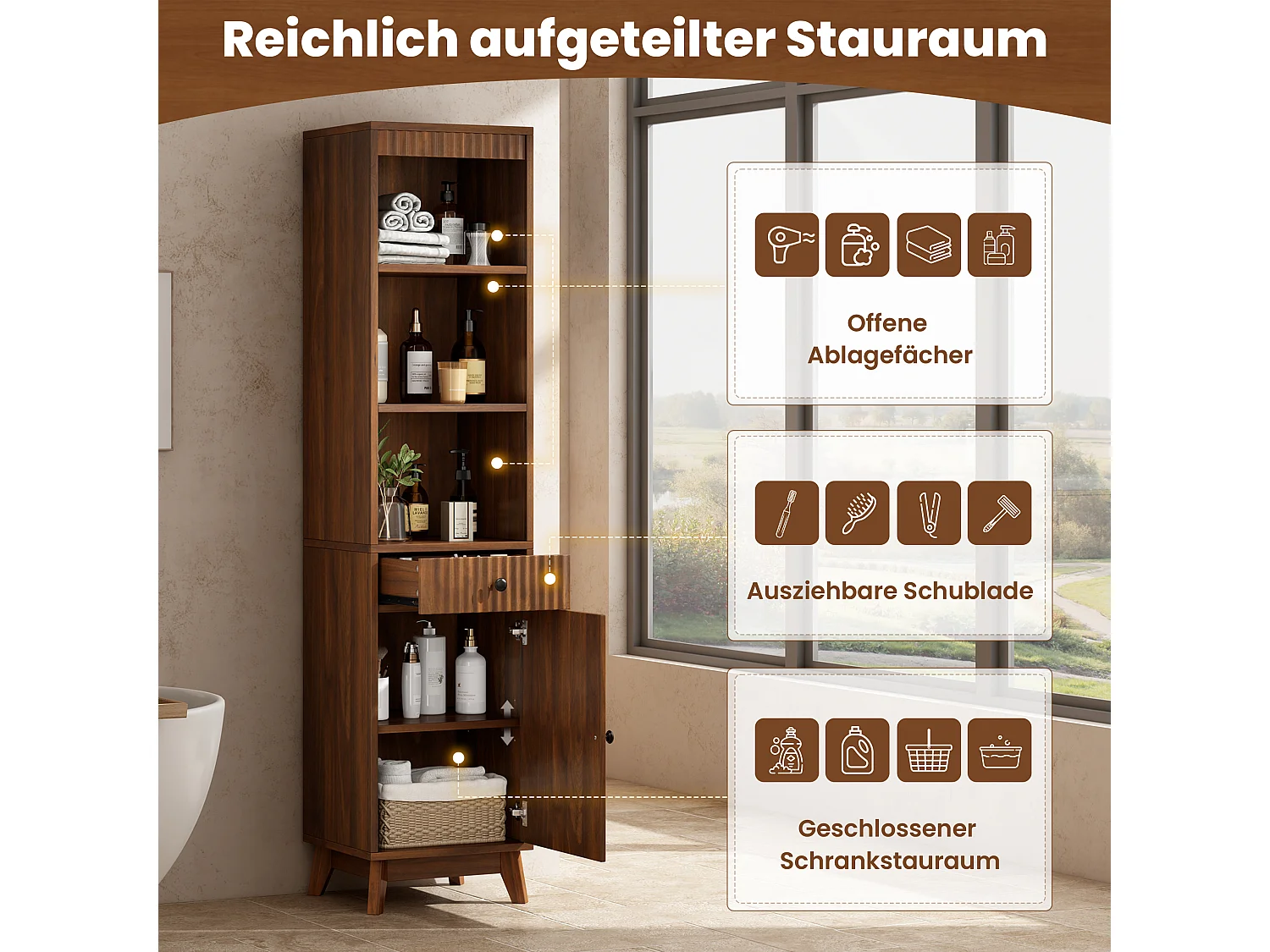 Columna de baño de 172 cm de altura - Armario alto de almacenamiento con puertas ranuradas reversibles y cajón - Marrón