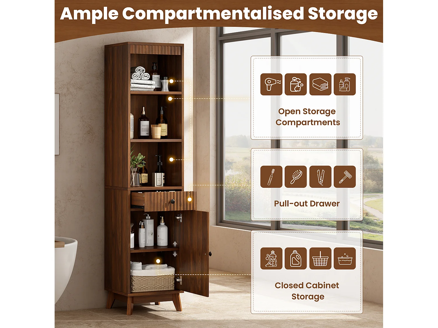 Columna de baño de 172 cm de altura - Armario alto de almacenamiento con puertas ranuradas reversibles y cajón - Marrón