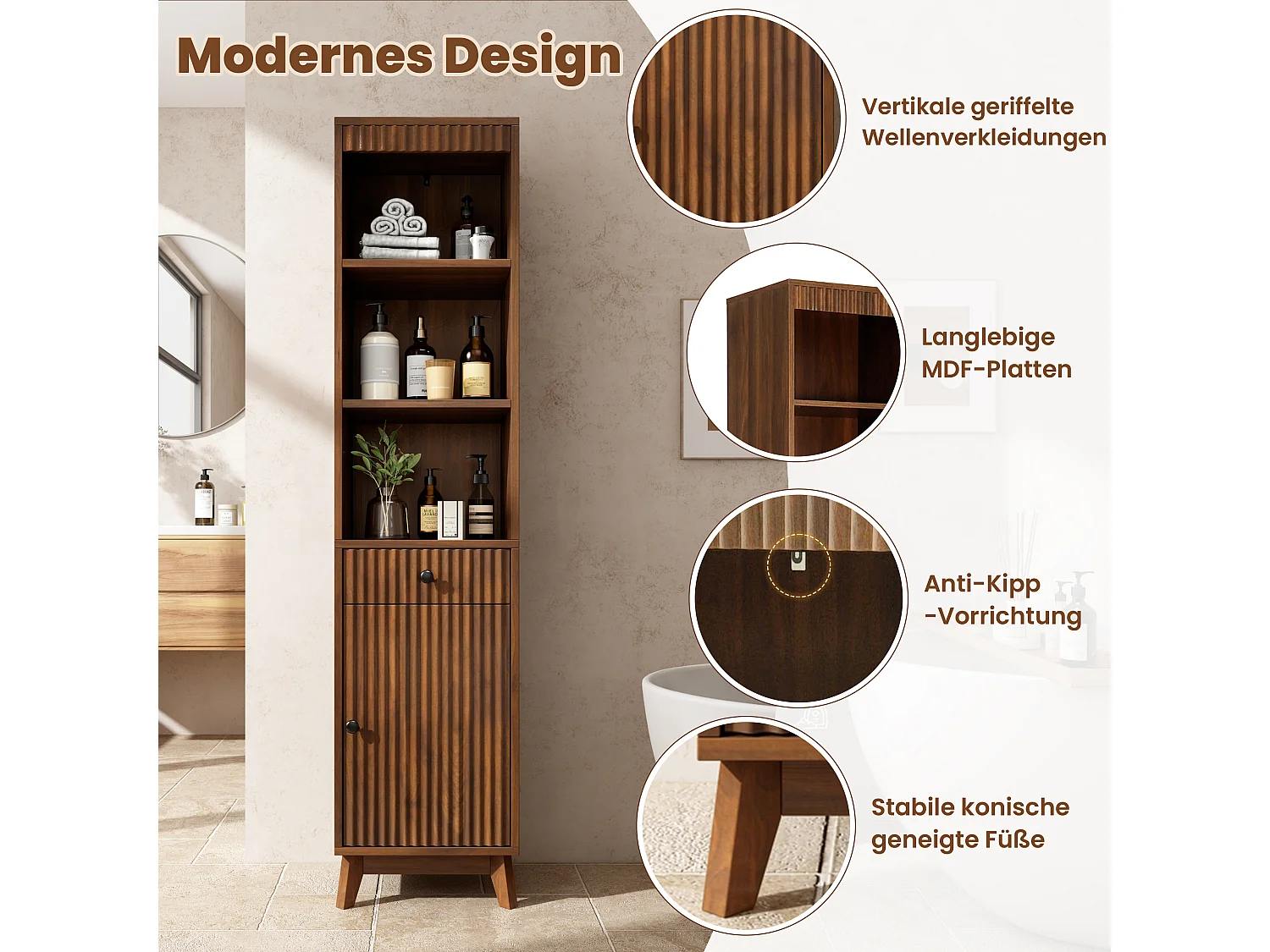 Columna de baño de 172 cm de altura - Armario alto de almacenamiento con puertas ranuradas reversibles y cajón - Marrón